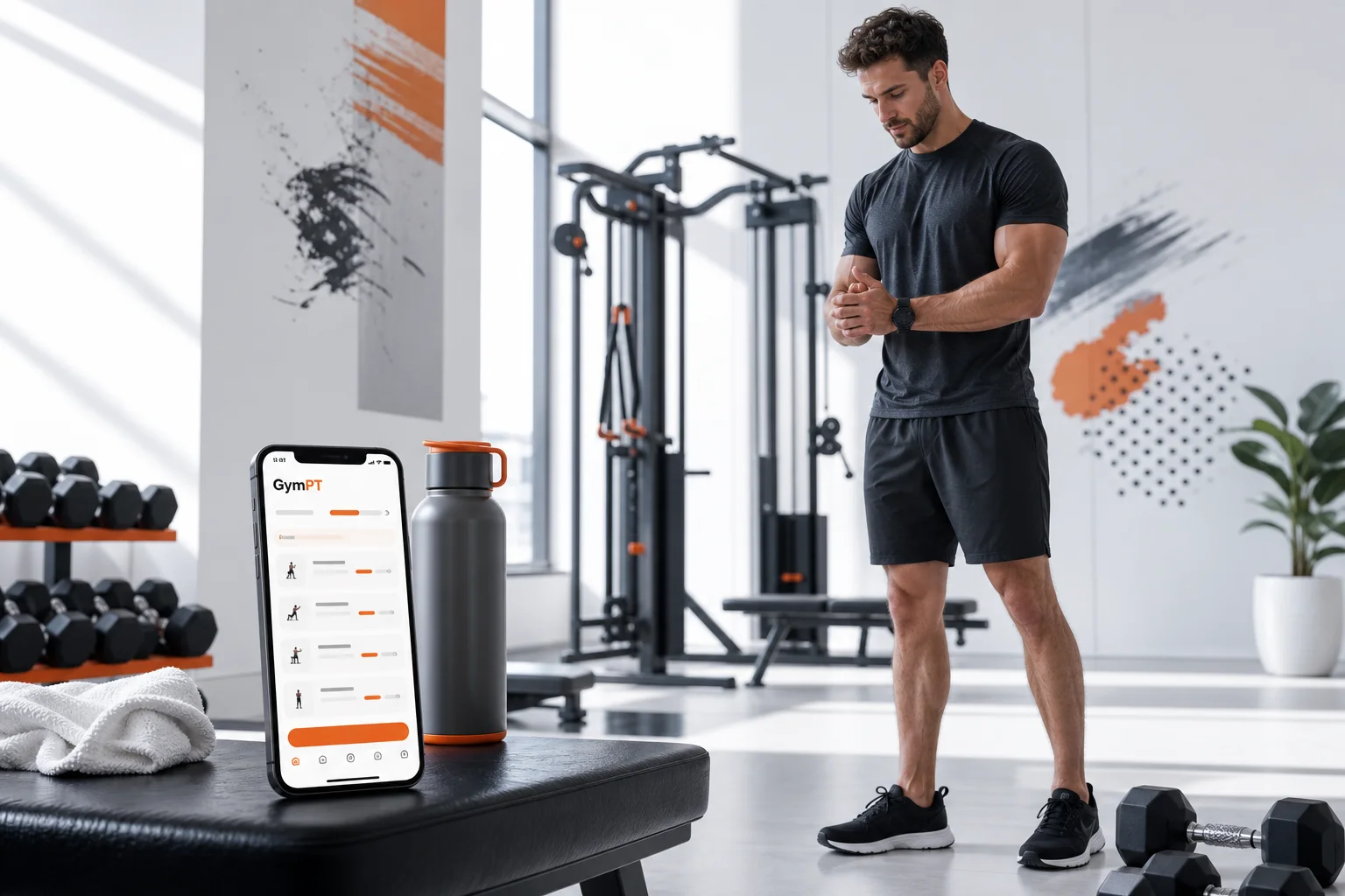 Person som følger en planlagt styrkeøkt med GymPT på mobilen