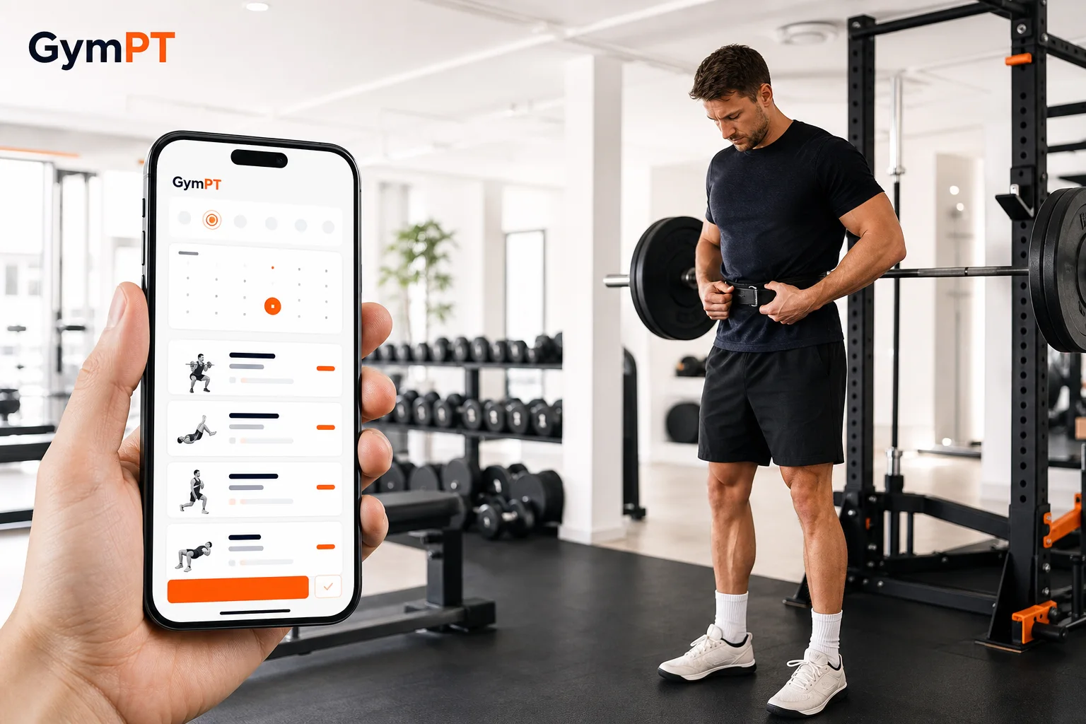 Person som følger en strukturert styrkeøkt med GymPT på mobilen