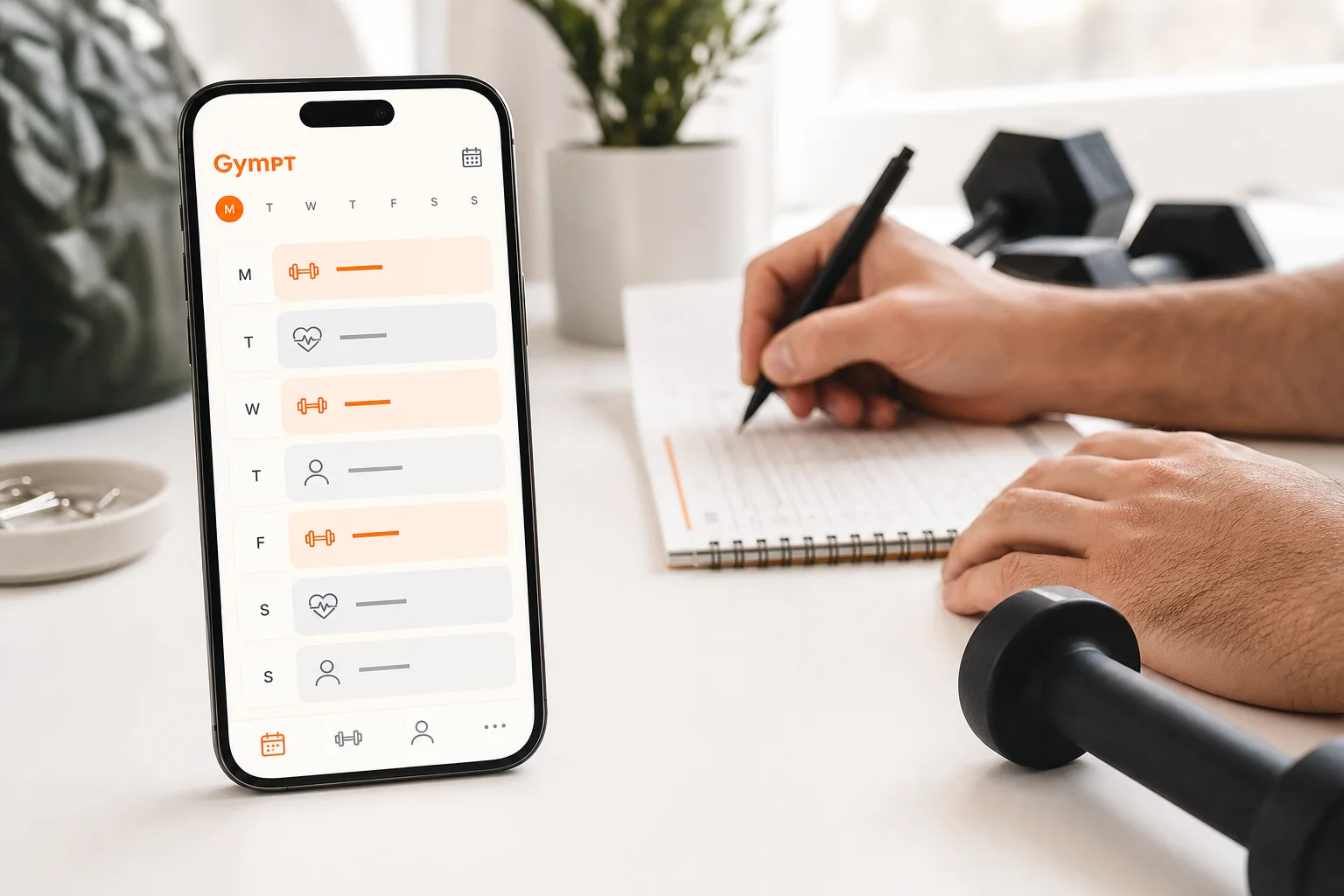 Smarttelefon med en ukentlig treningsplan fra GymPT ved siden av treningsutstyr