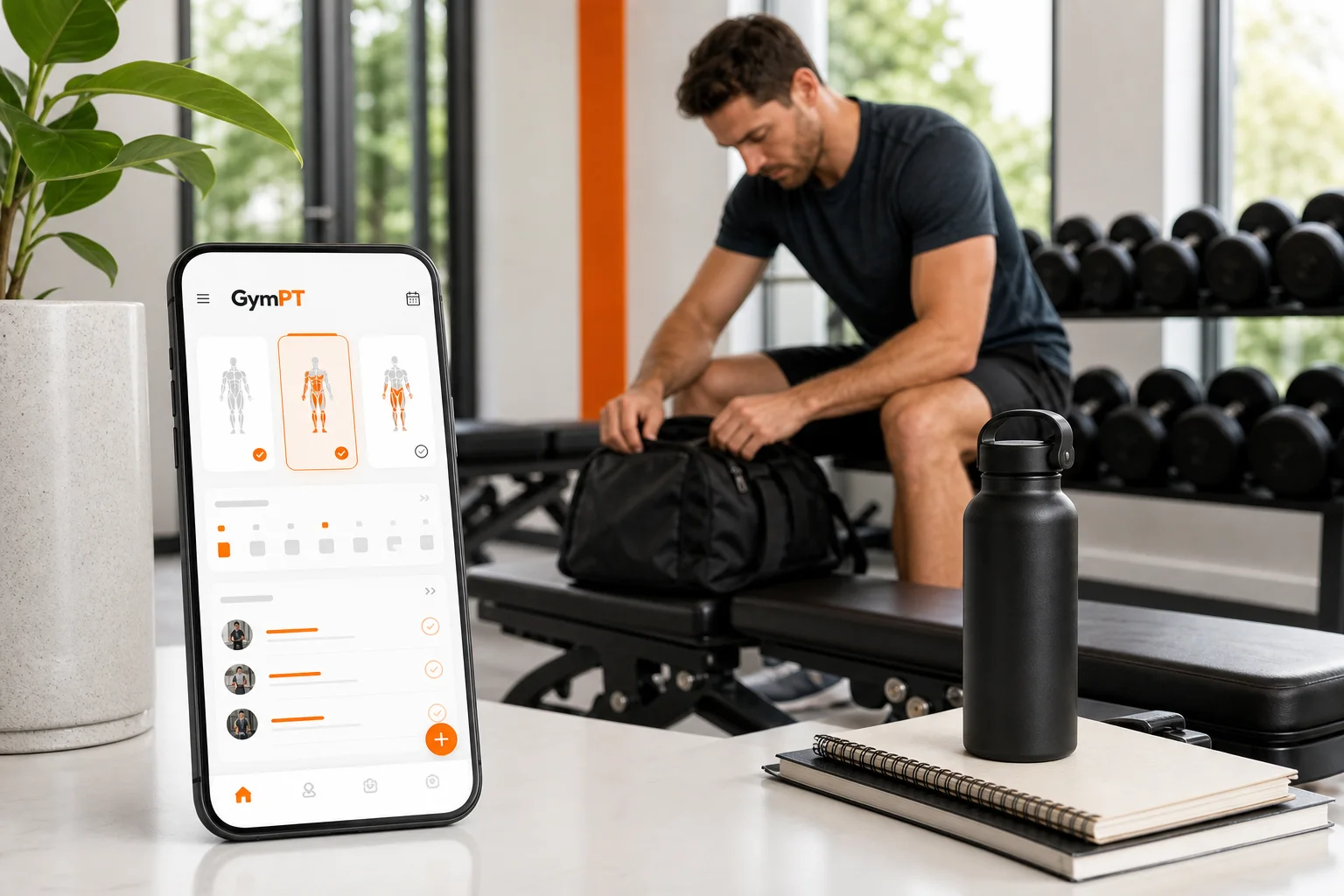 Person som følger et tredagers treningsprogram med GymPT på mobilen