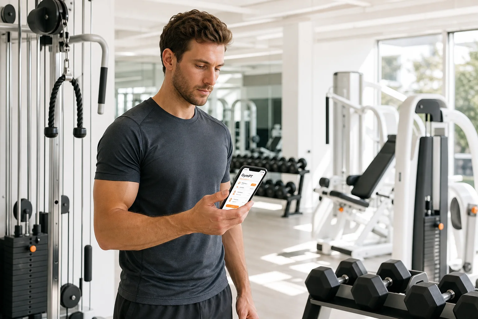 GymPT treningsplan på mobil ved siden av ulike typer treningsutstyr