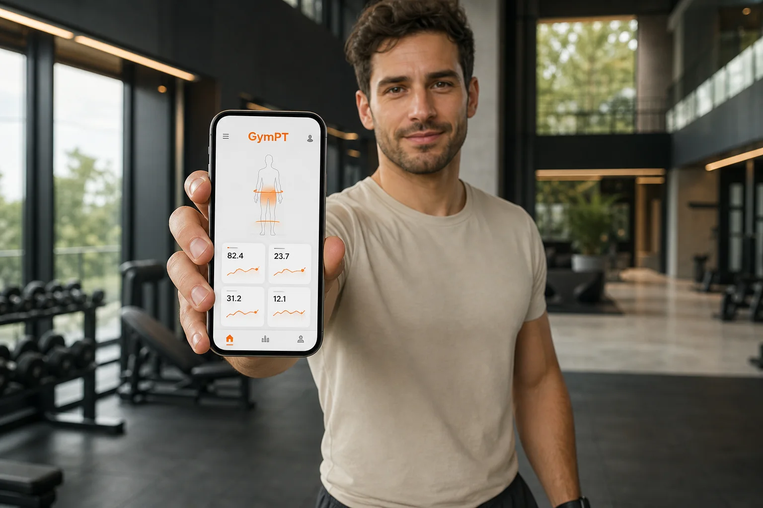 GymPT body analysis og treningsdata vist på en mobil i et lyst treningsmiljø