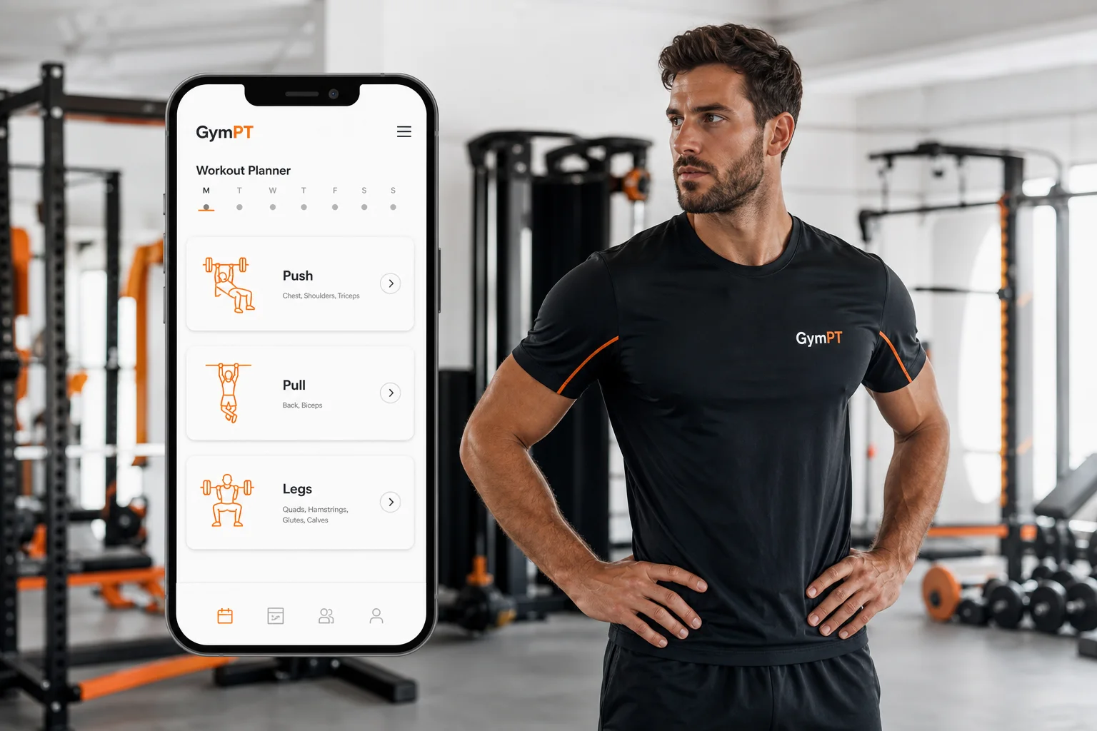 Person udfører shoulder press ved siden af en smartphone med en GymPT-træningsplan