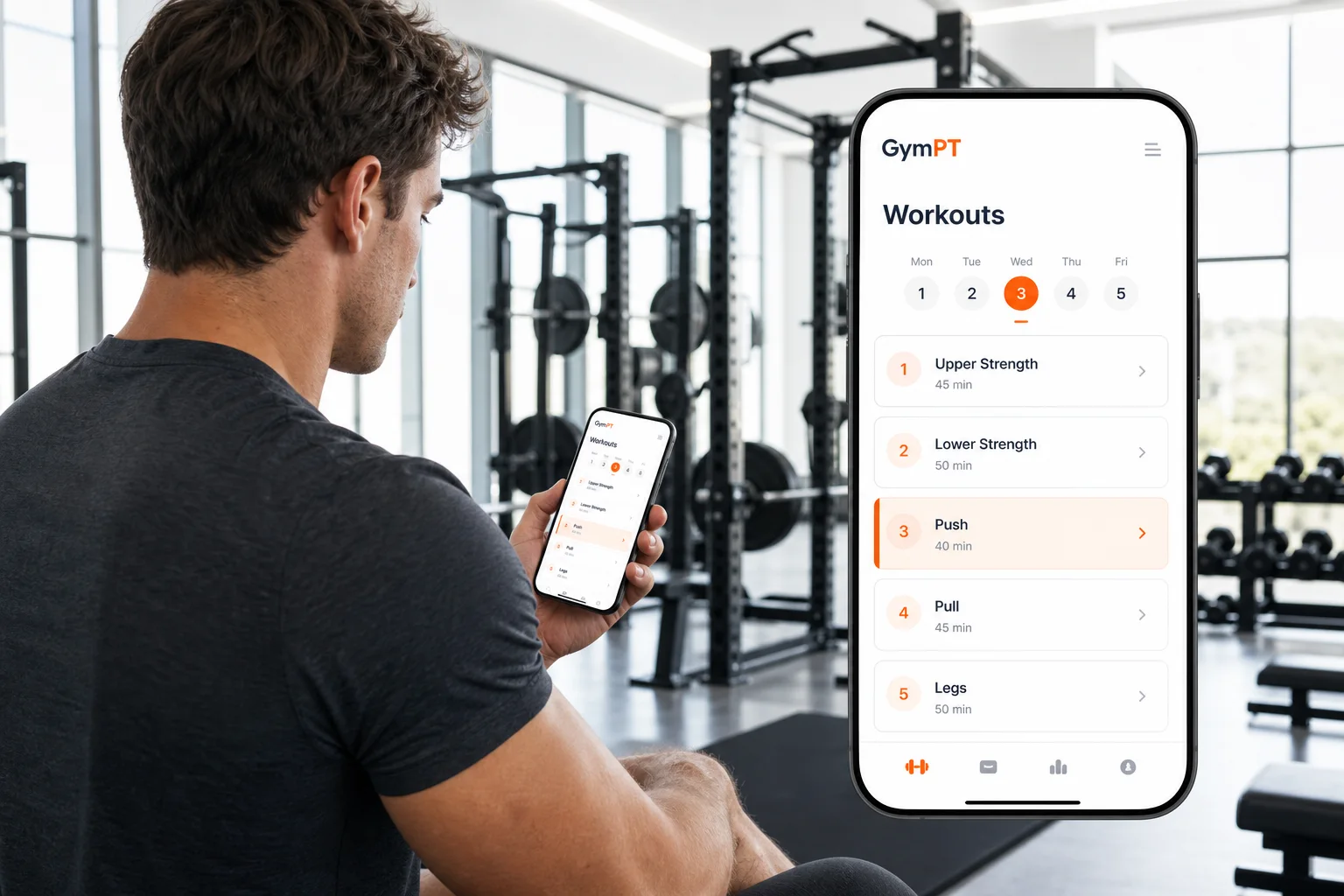 Person, der planlægger et 5 day workout split i GymPT-appen