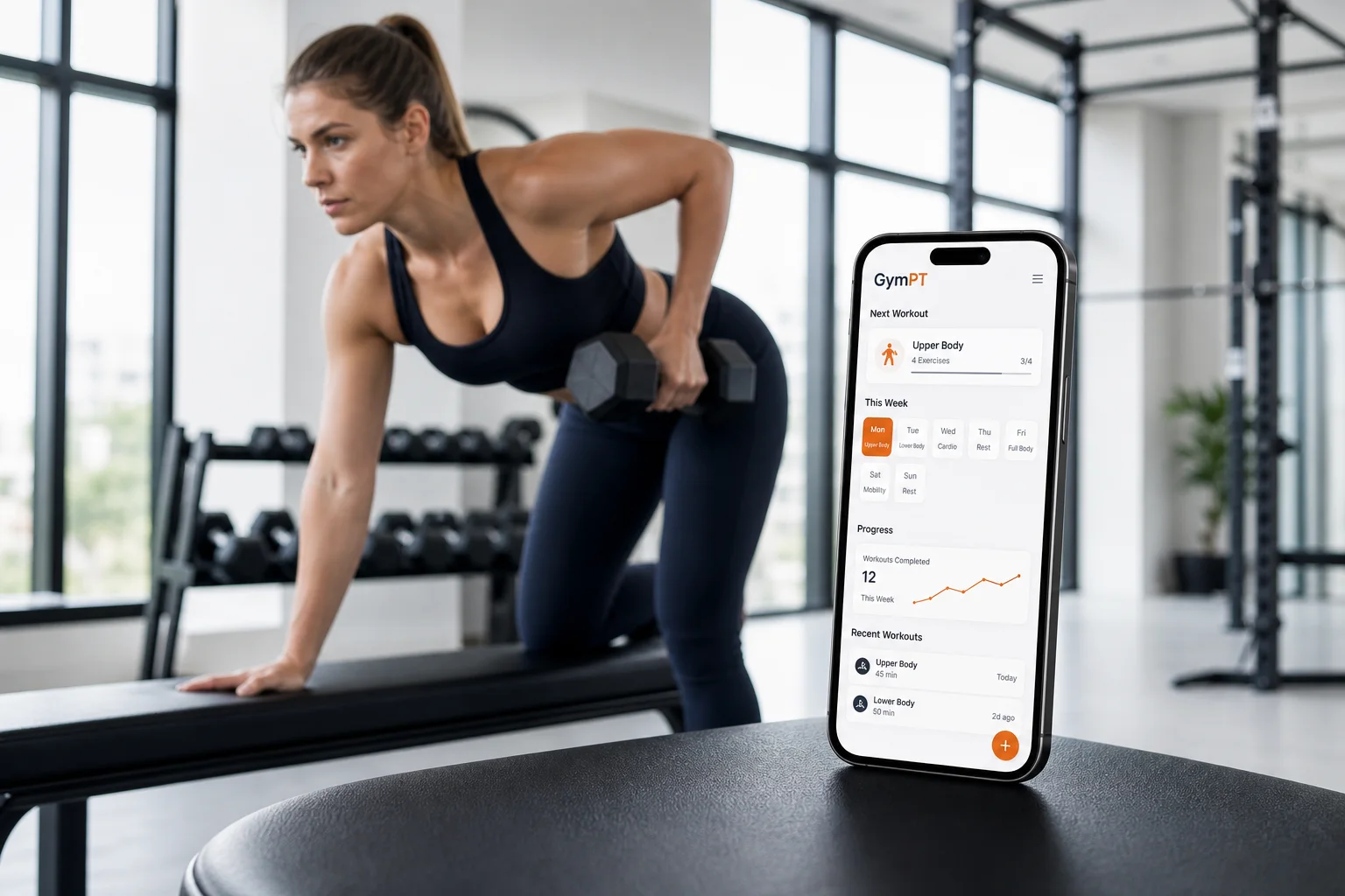 Atlet følger et upper lower træningsprogram på en GymPT-inspireret mobilskærm