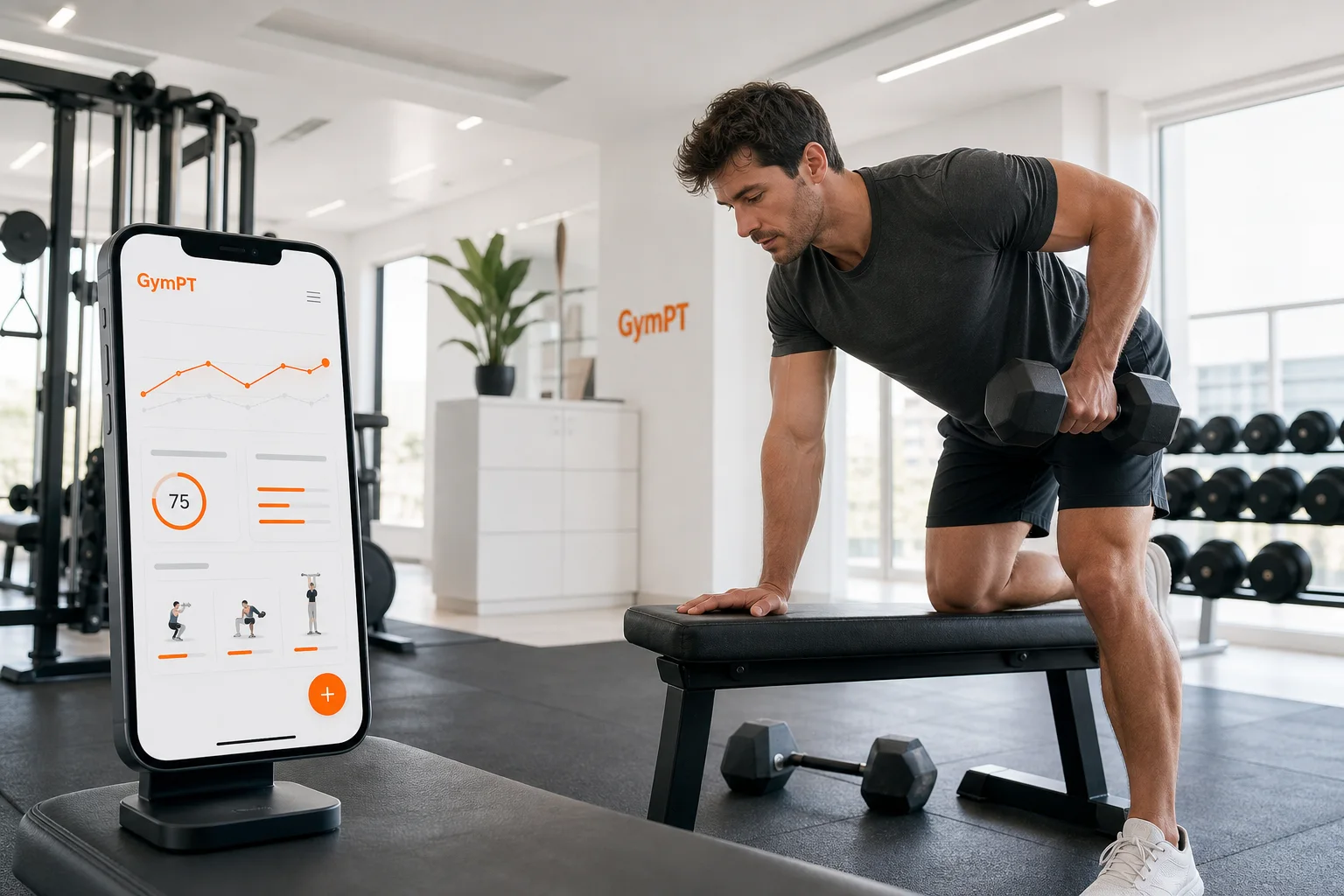 Person følger en full body workout plan med GymPT på mobilen