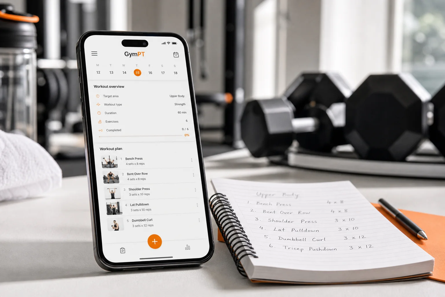 Person bruger GymPT på en smartphone til at følge en personlig træningsplan i fitnesscenteret