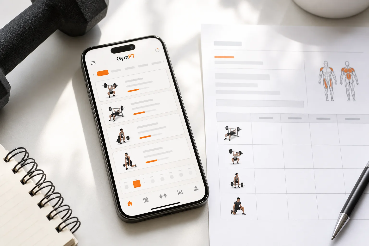 Person sammenligner en digital GymPT-træningsplan med en statisk plan i et lyst fitnessmiljø.