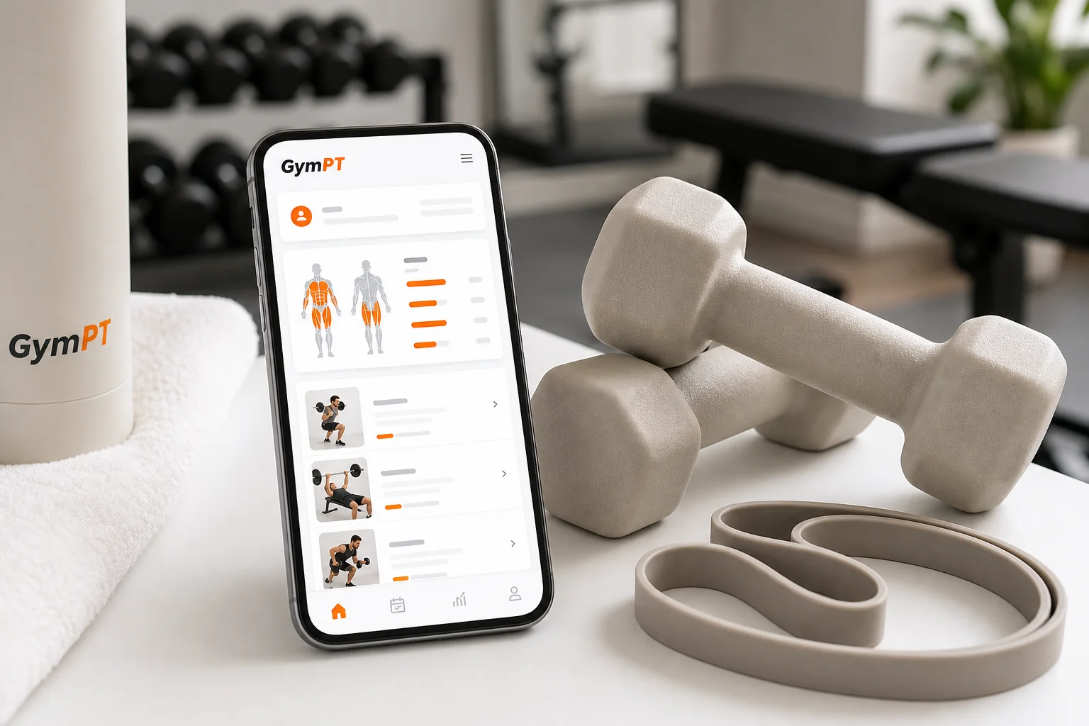 Person bruger GymPT til at se en personlig træningsplan i fitnesscenteret