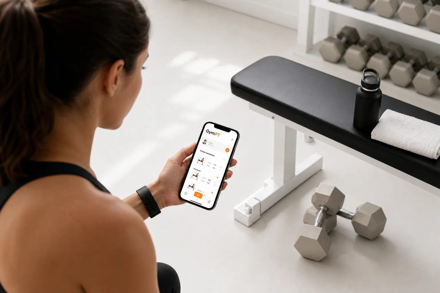 Person ser en personlig træningsplan i GymPT på en smartphone i fitnesscenteret