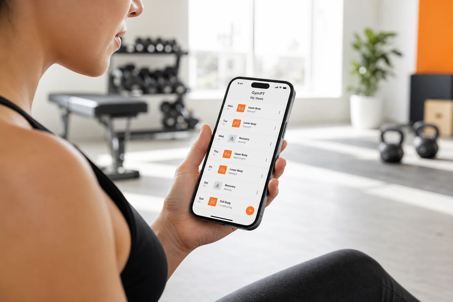 Person, der gennemgår en personlig ugentlig træningsplan i GymPT-appen