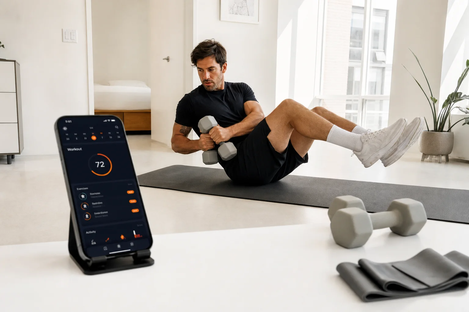 Person der udfører squat i et lille hjemmetræningsområde med GymPT på mobilen