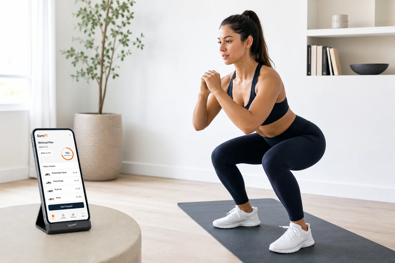 Principiante che esegue squat a corpo libero in casa accanto a una sedia stabile con l’app GymPT sullo smartphone