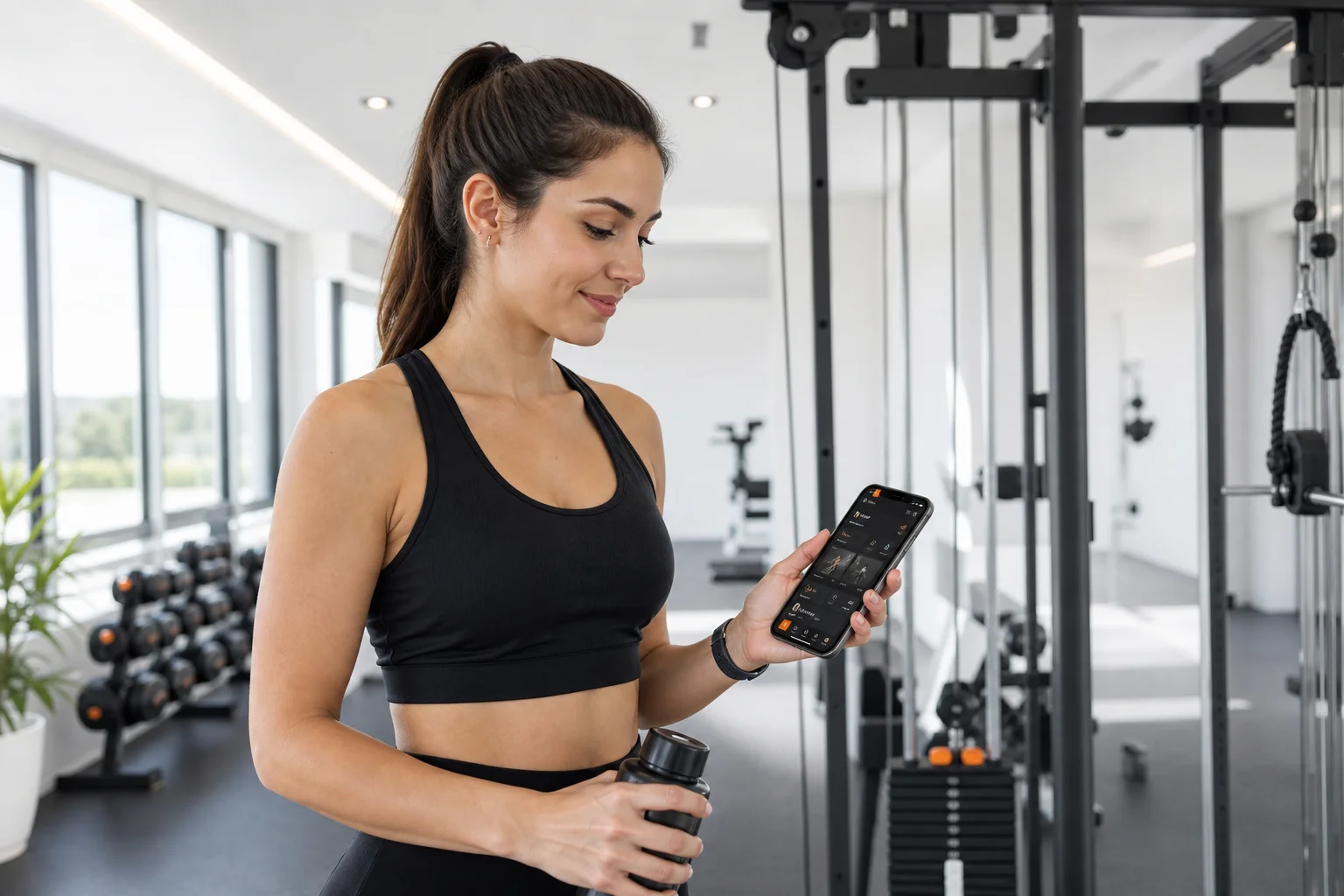 Principiante in palestra che segue un piano di allenamento semplice visualizzato nell’app GymPT