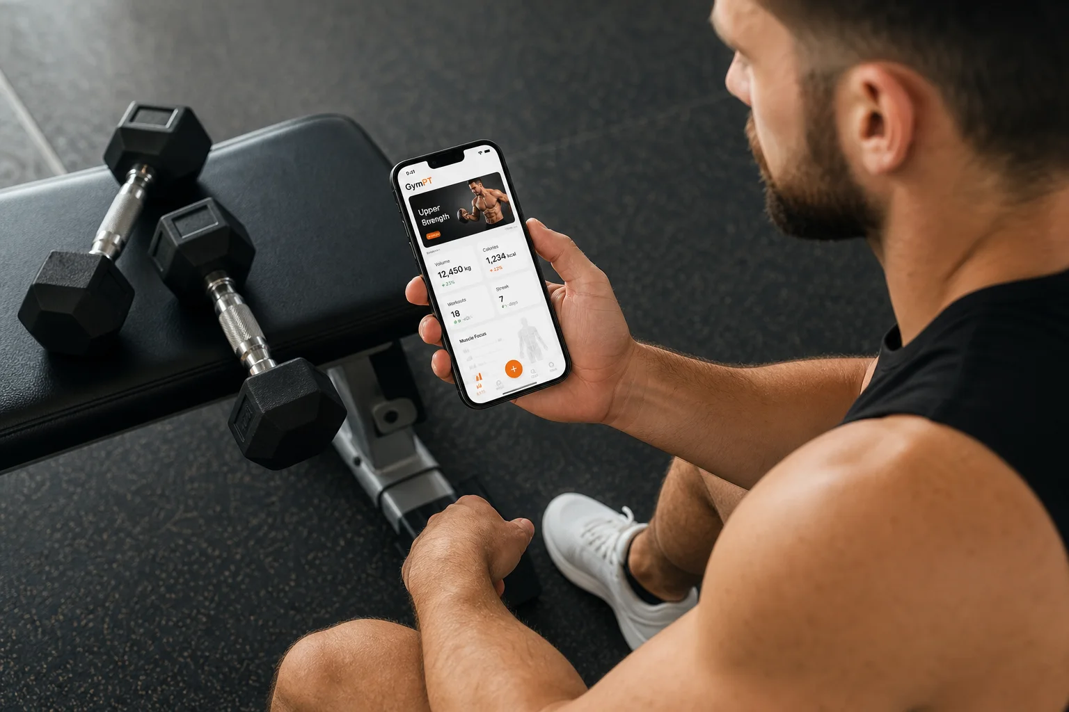 Atleta che registra un allenamento per la crescita muscolare nell’app GymPT
