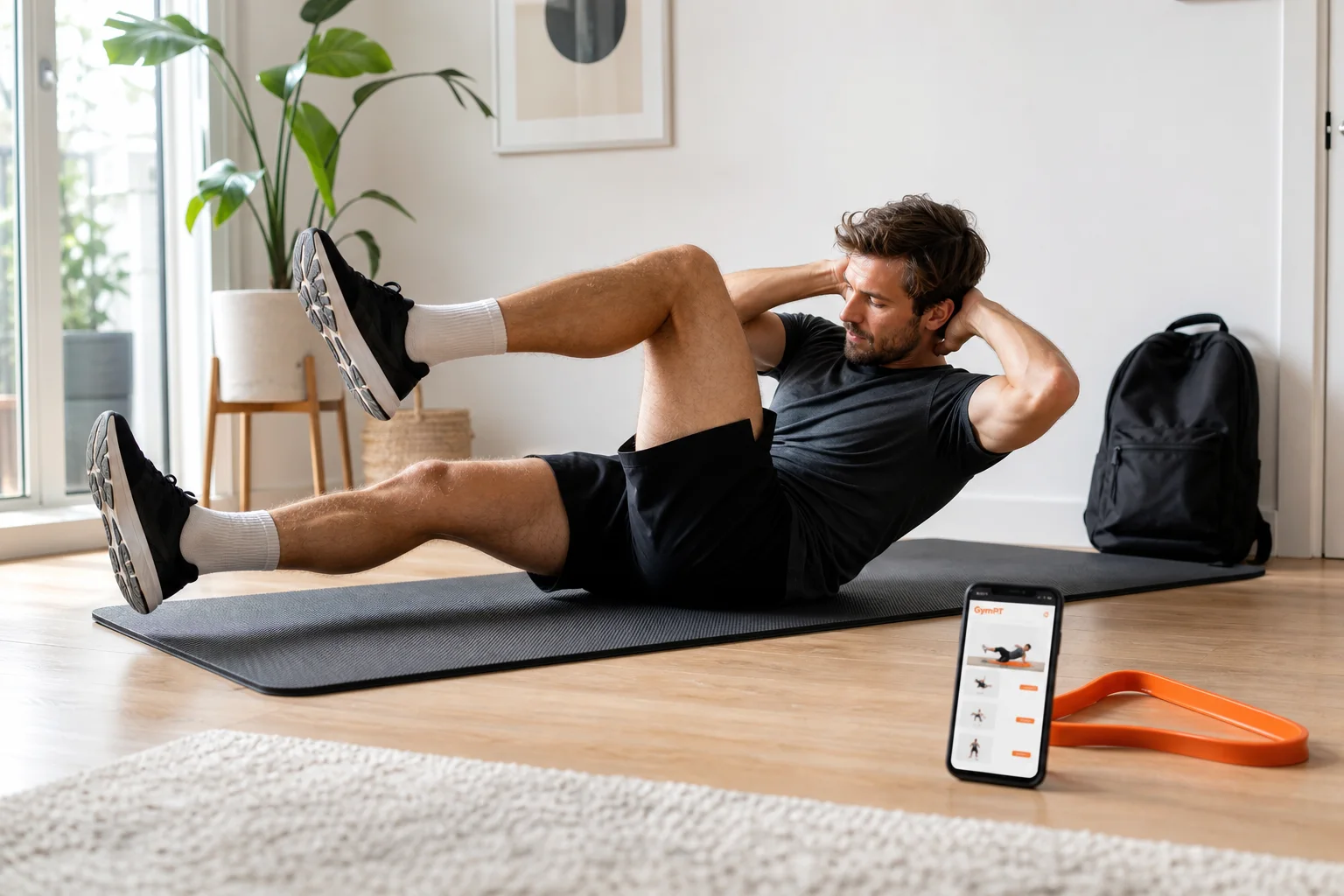 Persona che segue un piano di allenamento a casa con l’app GymPT