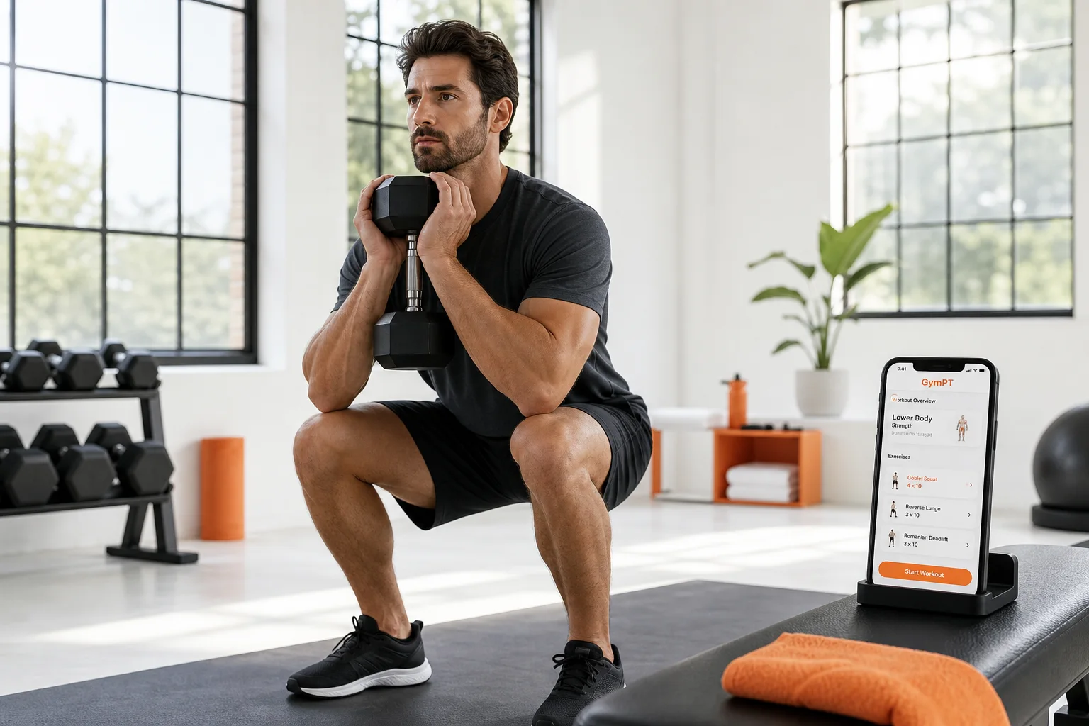 Persona che usa manubri a casa con un piano di allenamento GymPT sullo smartphone