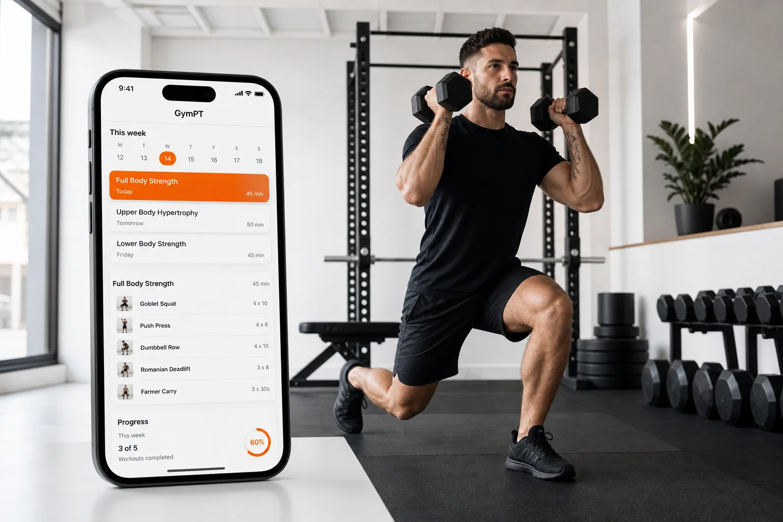 Allenamento full body con manubri e app GymPT per un piano di tre giorni