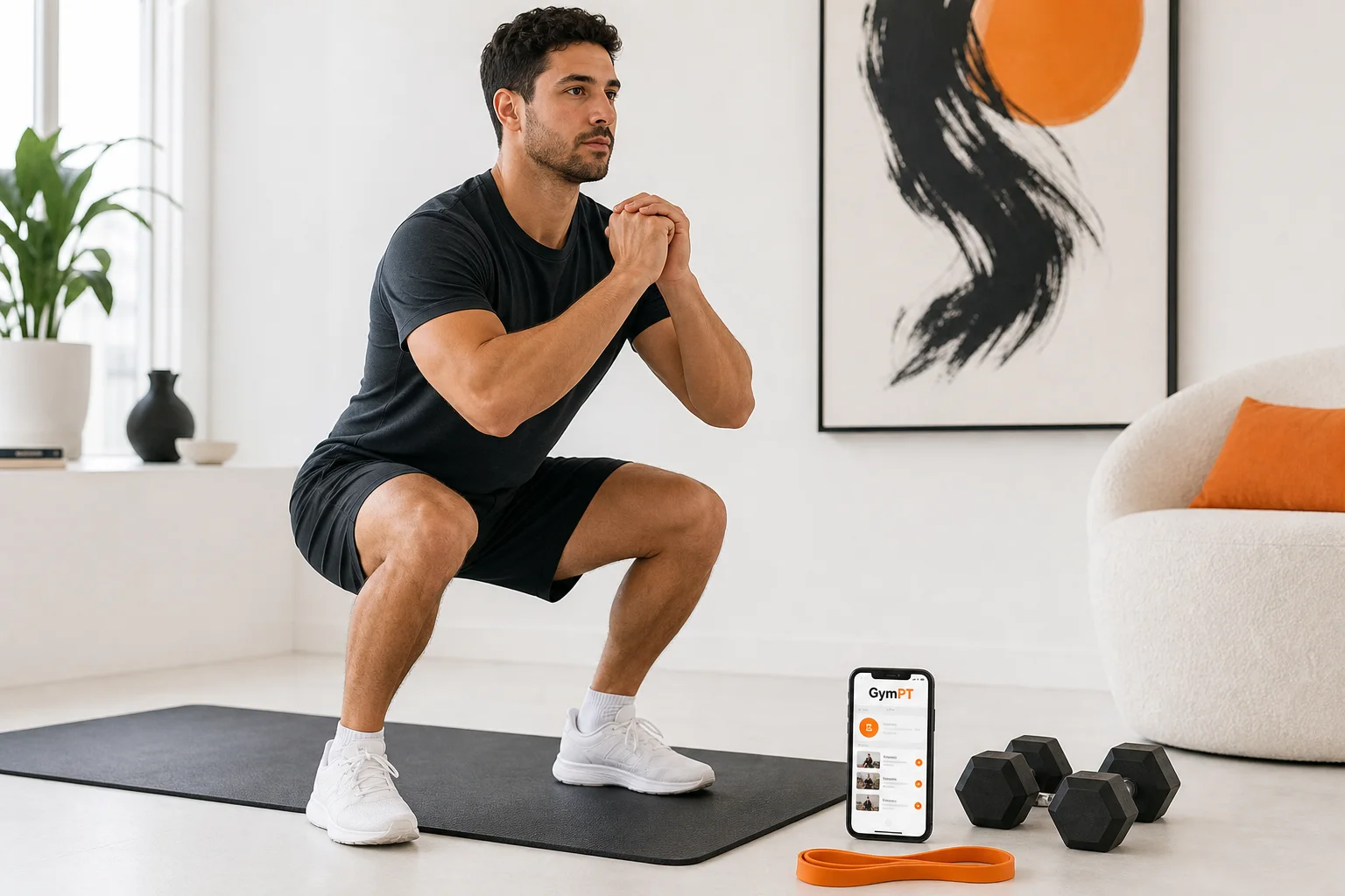 Person following a GymPT home workout plan in a small bright training space