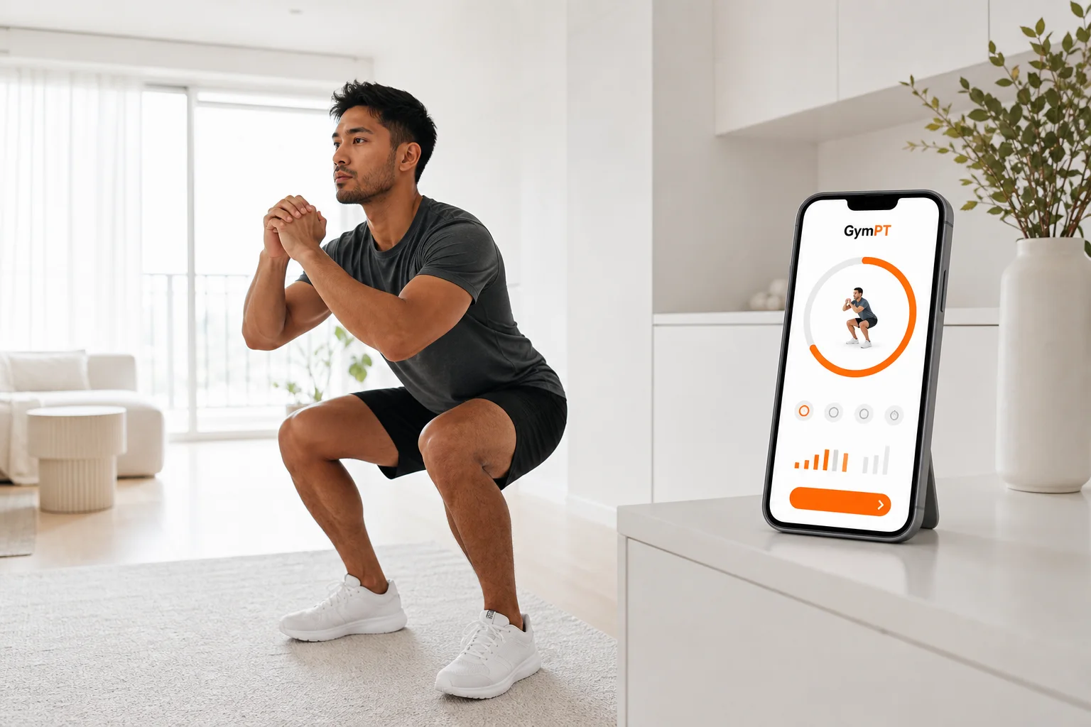 Athlete following a no equipment workout plan at home with the GymPT app