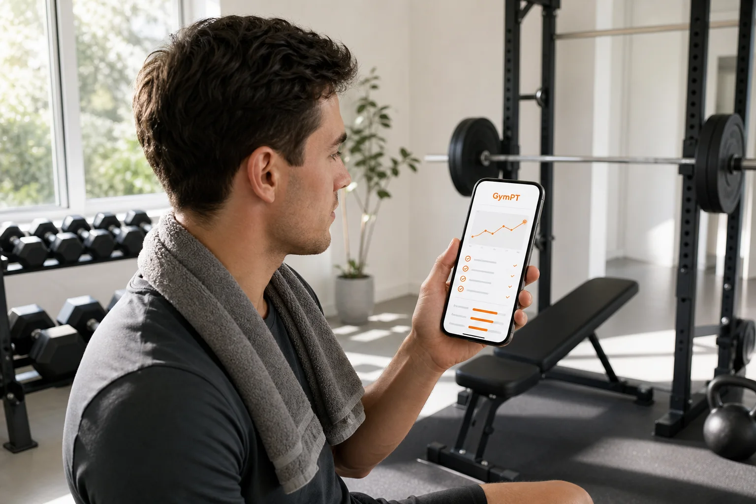 Person reviewing a GymPT workout progress dashboard after training