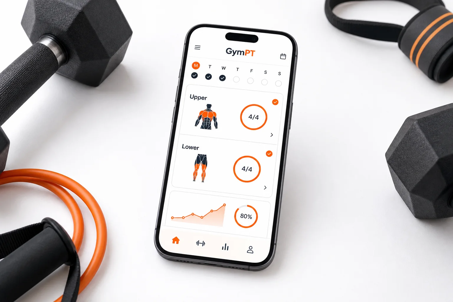 GymPT hypertrophy workout plan displayed on a smartphone beside gym equipment