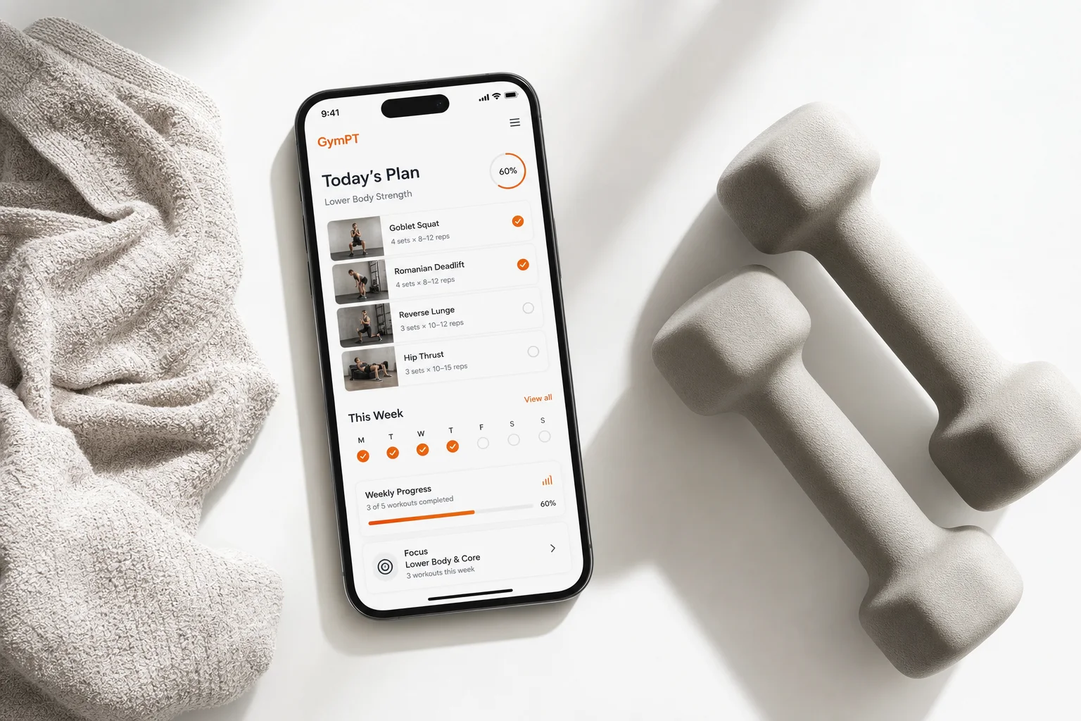GymPT AI gym routine app showing a personalized weekly workout plan on a smartphone