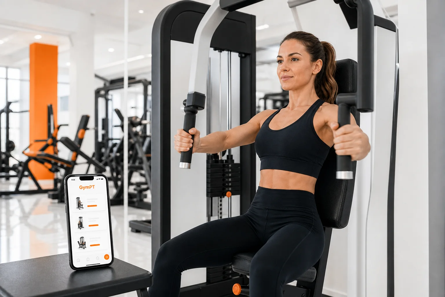 GymPT machine-based workout plan shown beside a chest press machine