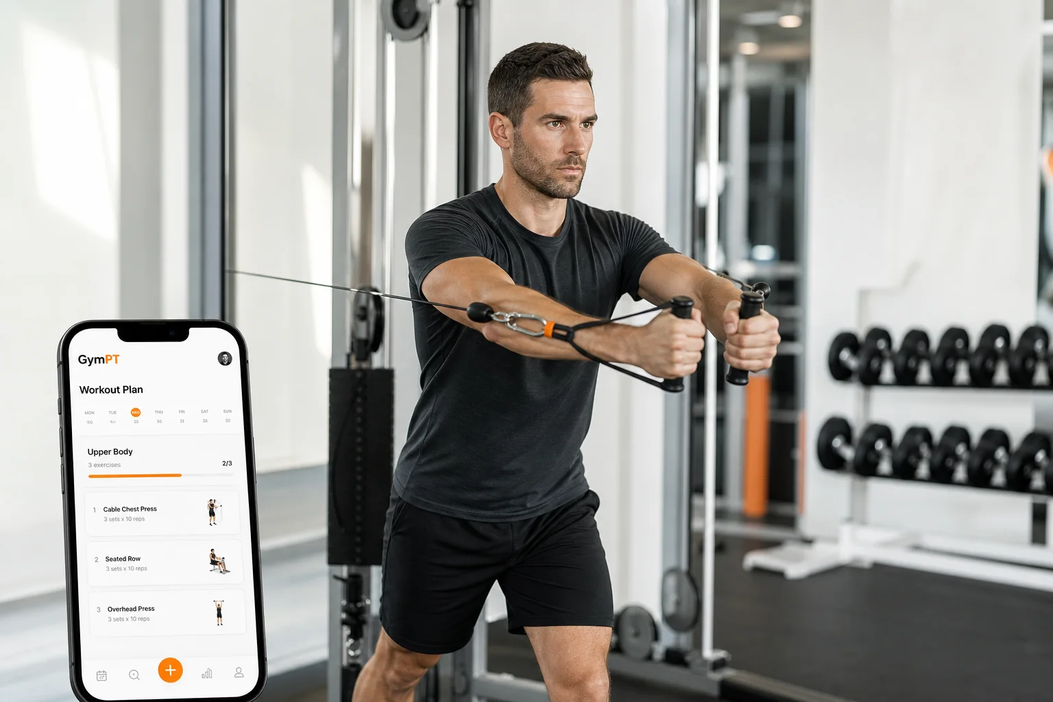 GymPT cable machine workout plan with a person performing a controlled cable chest press beside a mobile workout app