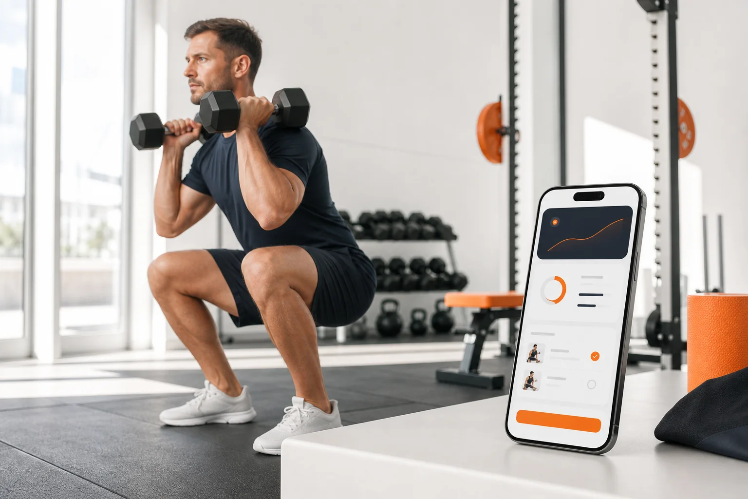 Lifter following a progressive strength training program while tracking a GymPT workout on a phone.