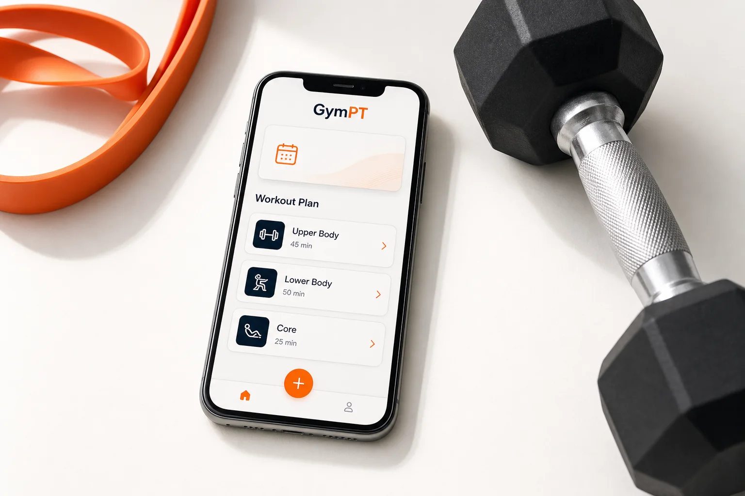 Teléfono con una planificación personalizada de GymPT junto a equipamiento de entrenamiento