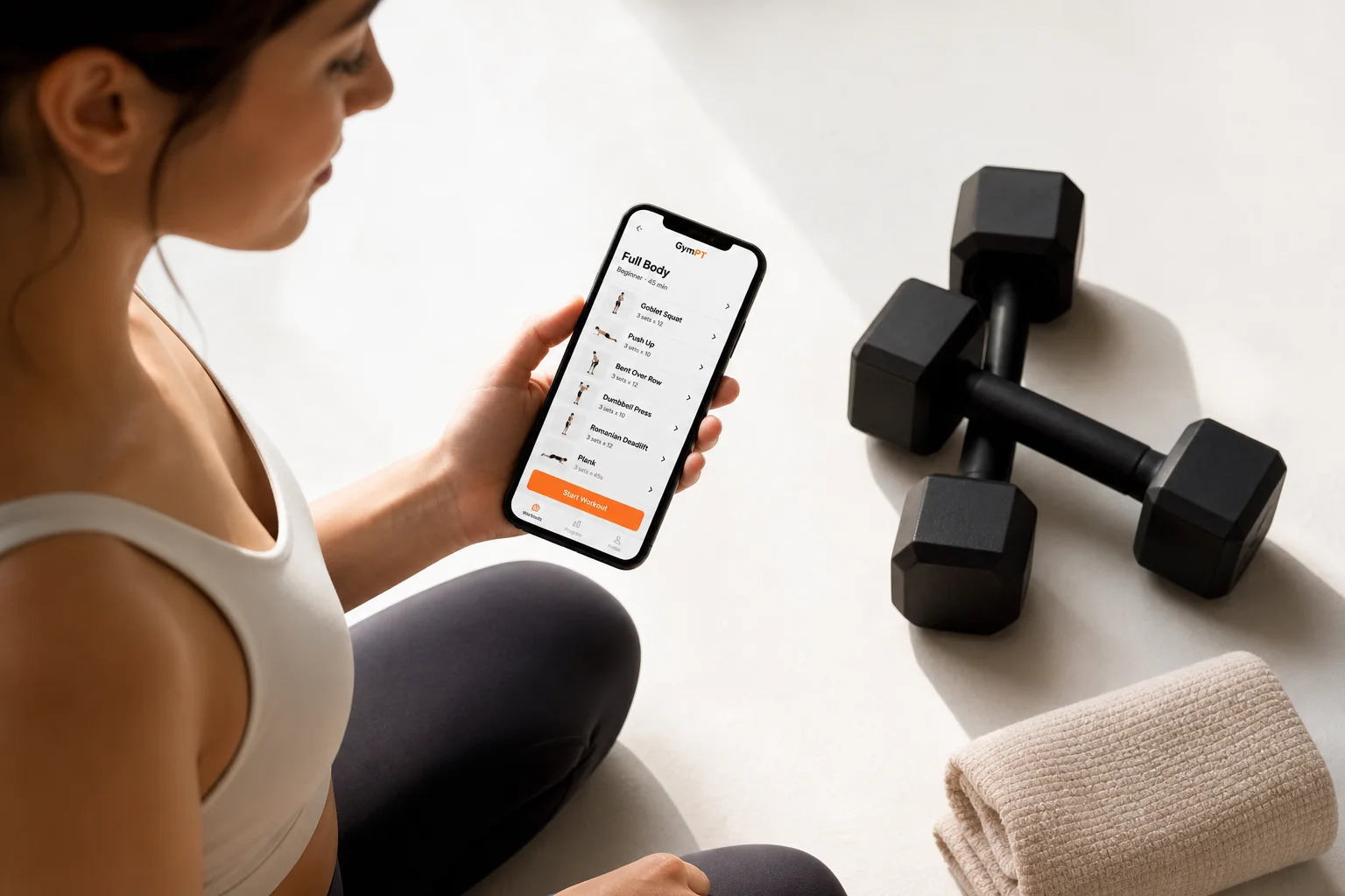 Nybegynner som planlegger en enkel treningsøkt med GymPT på mobilen