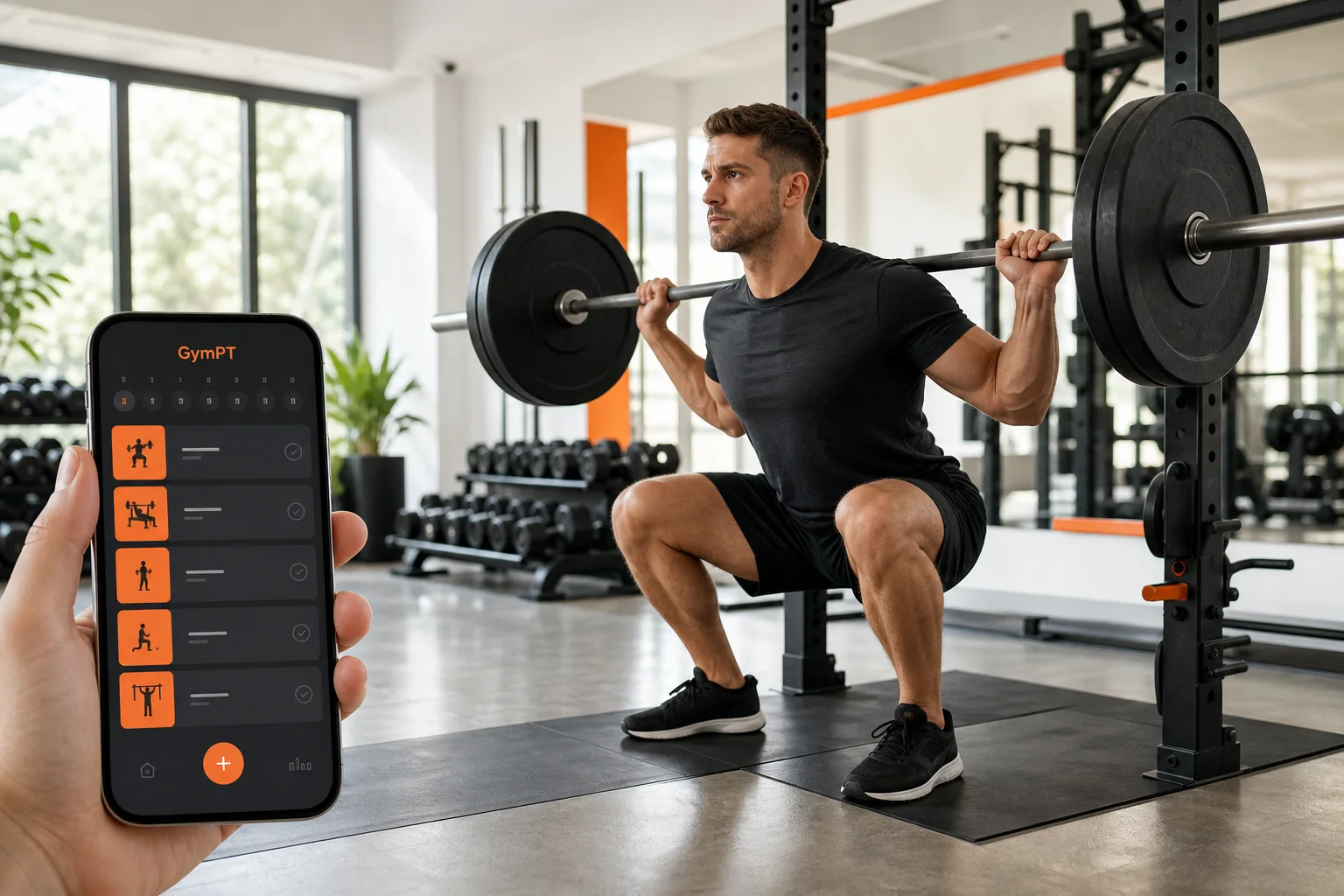 Utøver gjør seg klar til en styrkeøkt mens GymPT viser en personlig treningsplan på mobilen.