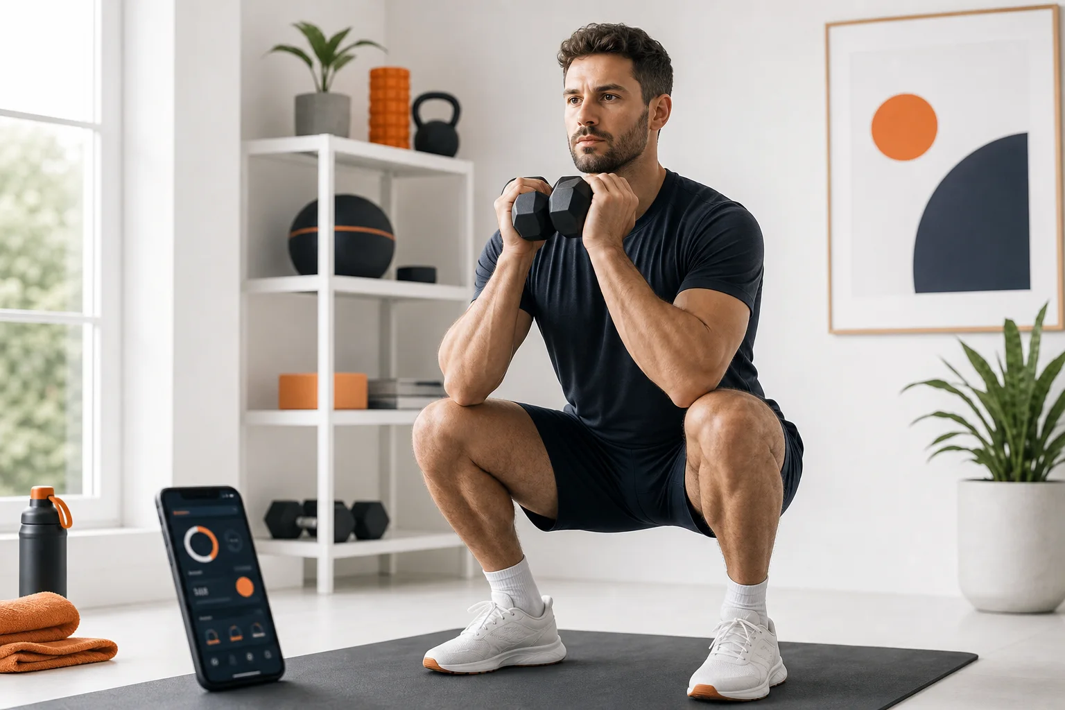 Athlete performing a goblet squat with dumbbells beside a GymPT workout tracking screen