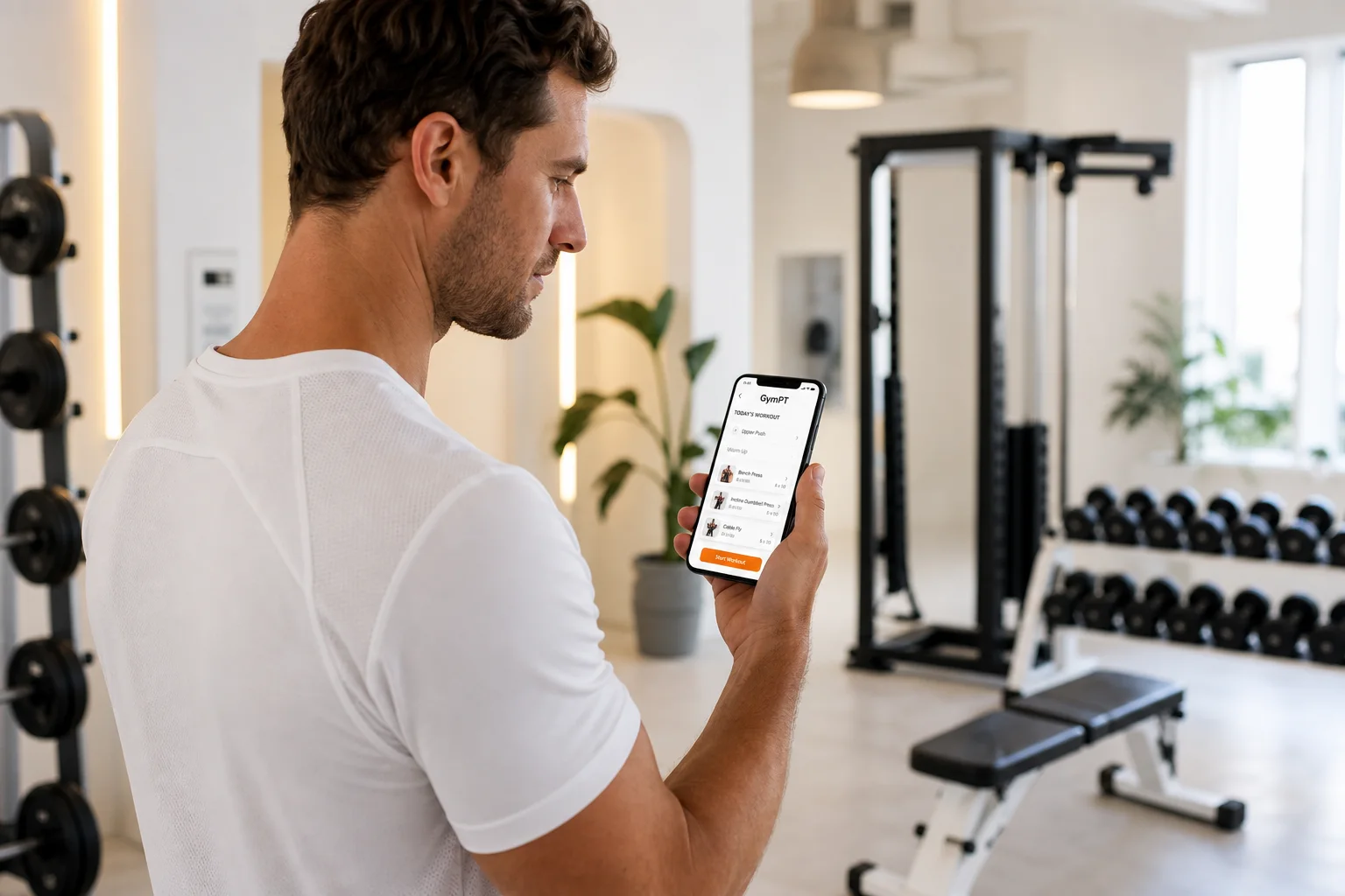 Homme consultant un programme d’entraînement personnalisé GymPT sur son smartphone dans une salle de sport lumineuse
