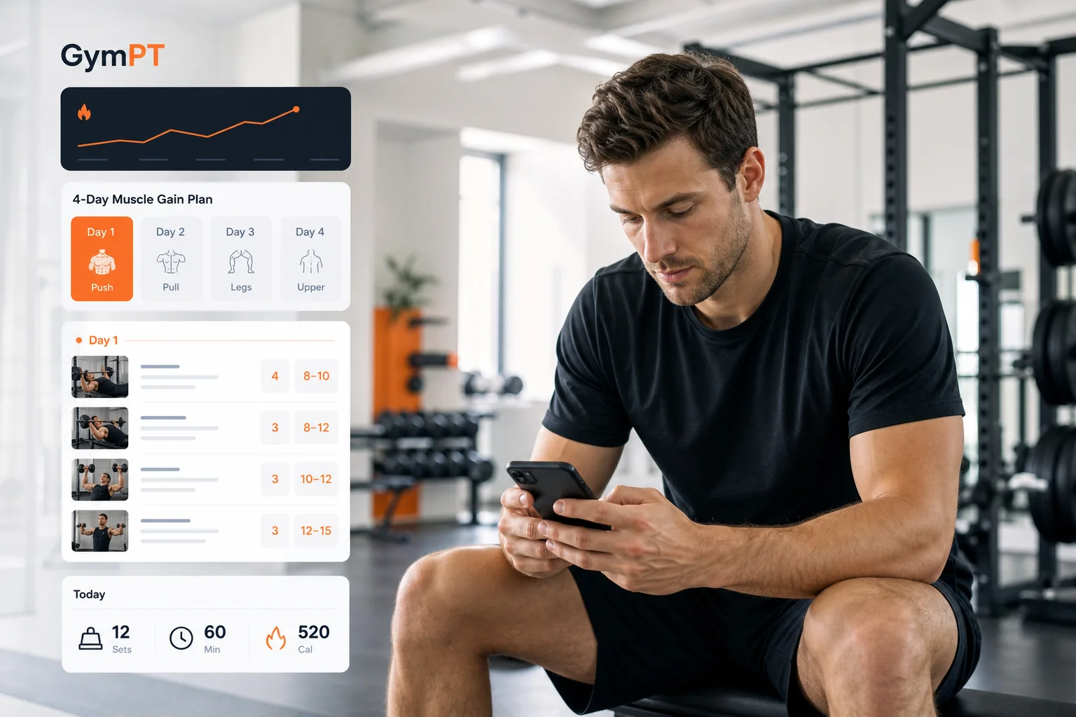 Athlet trainiert Kniebeugen neben einem Smartphone mit GymPT-Trainingsansicht