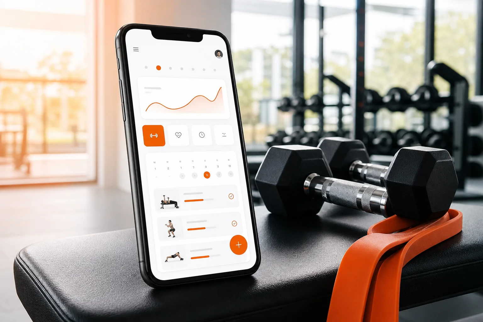 Smartphone mit persönlichem GymPT-Trainingsplan in einer hellen Trainingsumgebung