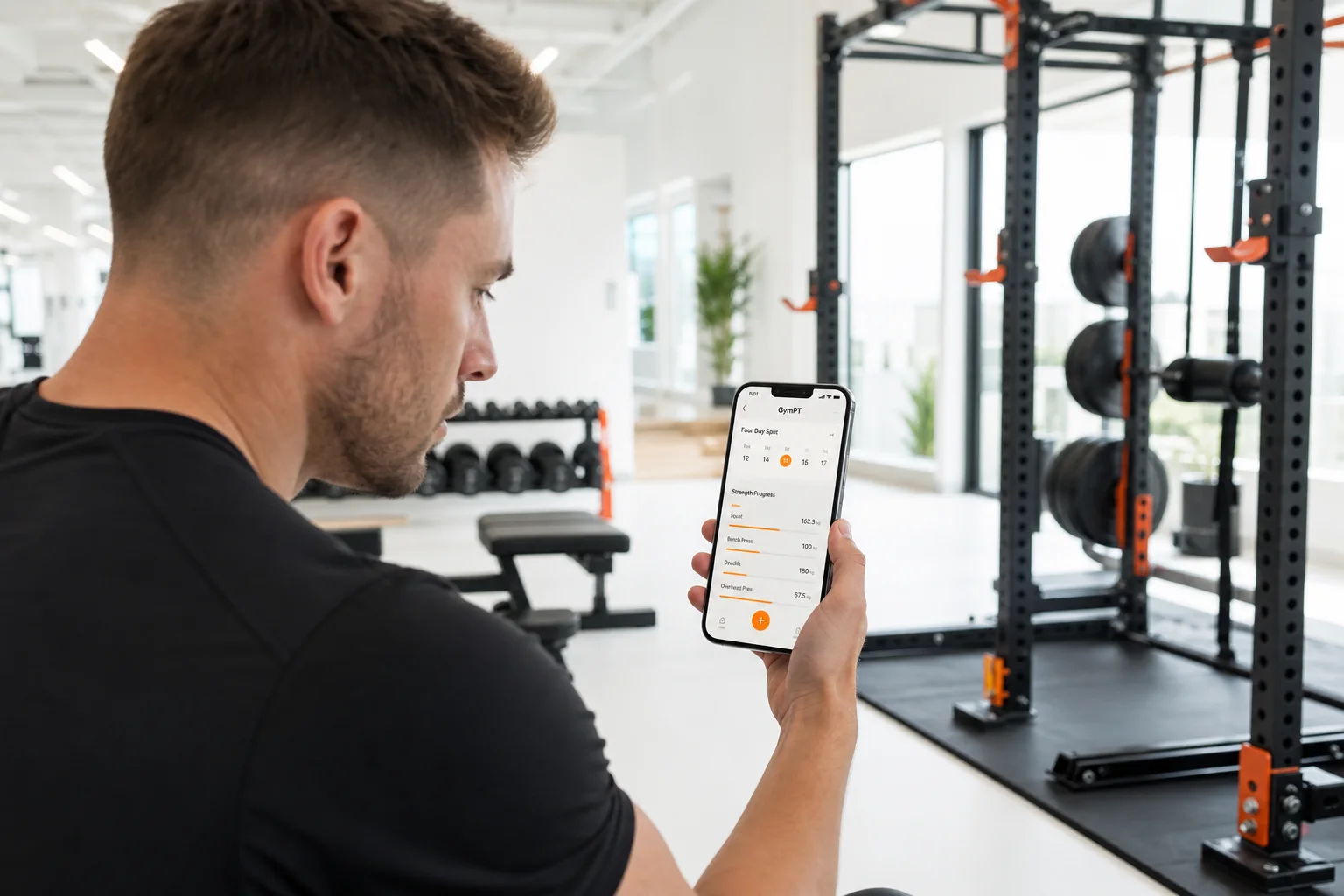 Kontrollierte Kniebeuge während eines strukturierten Krafttrainings mit GymPT