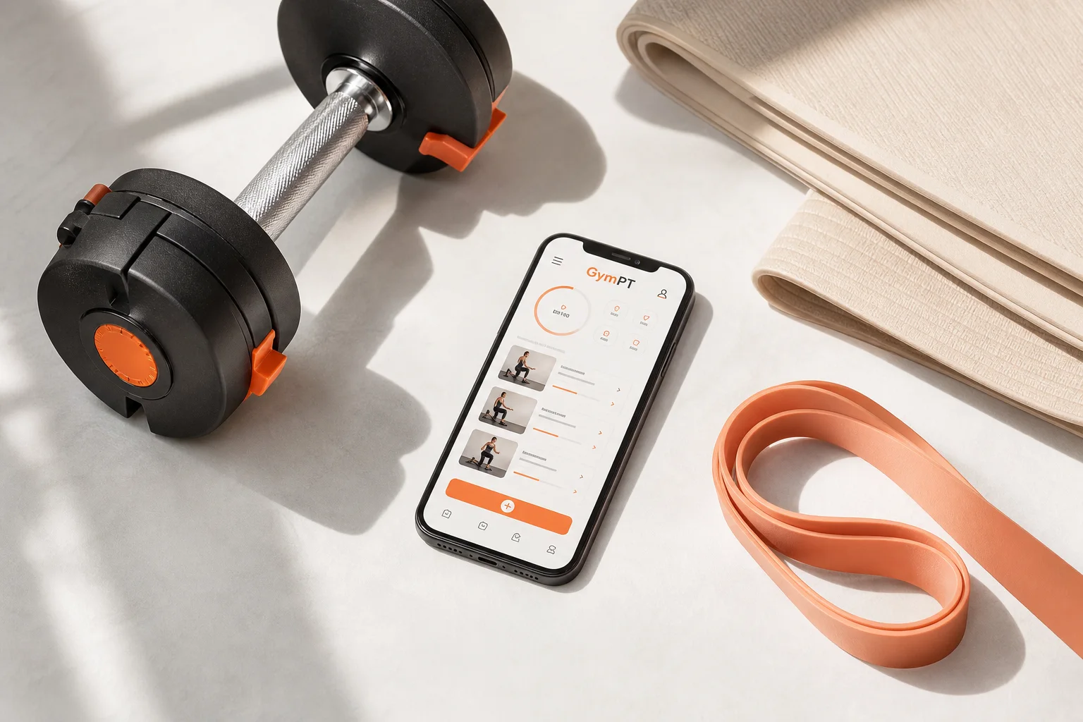 GymPT Trainingsplan für Kurzhanteln und Widerstandsbänder in einem hellen Home-Gym
