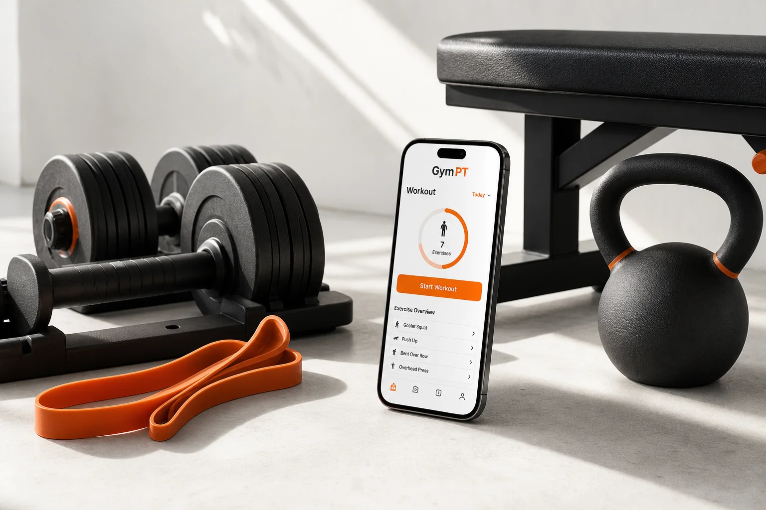 Workout mit Kurzhanteln, Widerstandsband und GymPT-App bei begrenztem Equipment