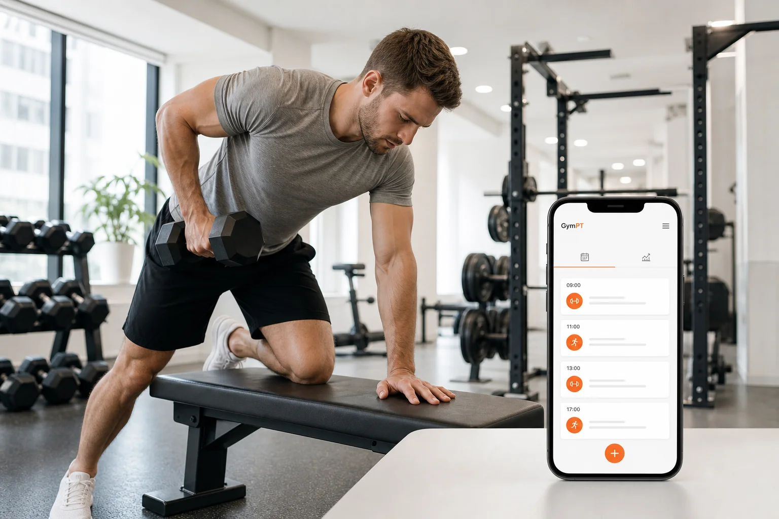 Anfänger trainiert kontrollierte Kniebeugen neben einem Smartphone mit GymPT-Wochenplan
