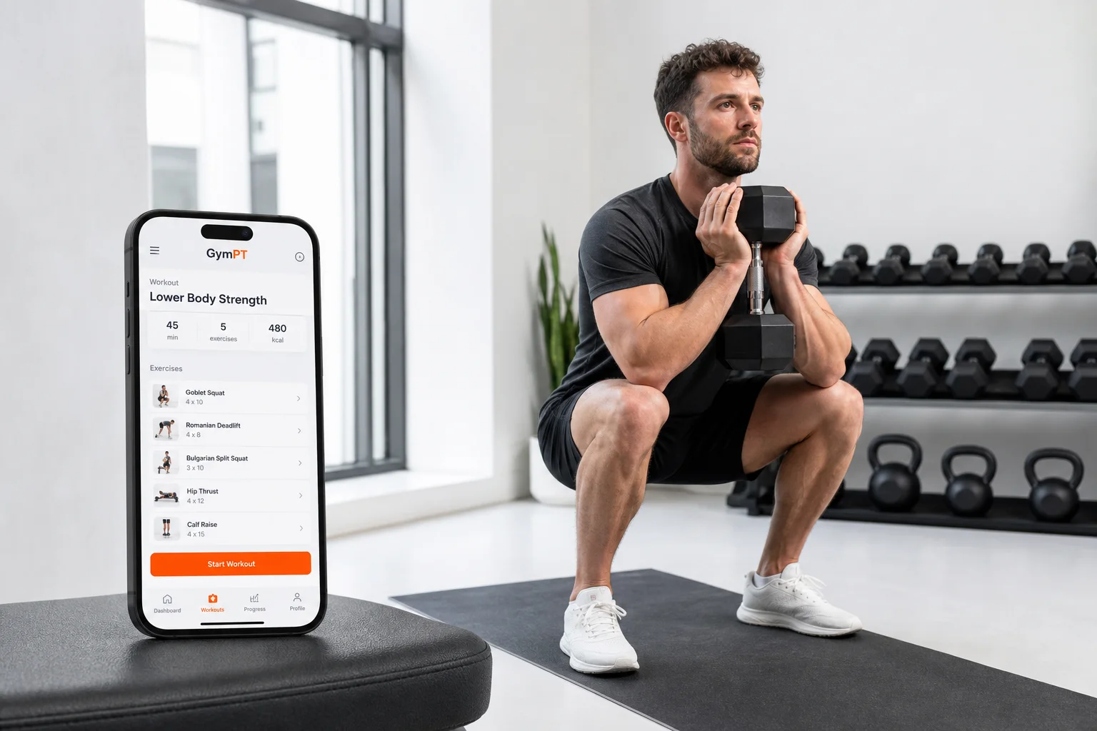 Person absolviert ein strukturiertes 30-Minuten-Ganzkörpertraining mit GymPT-App