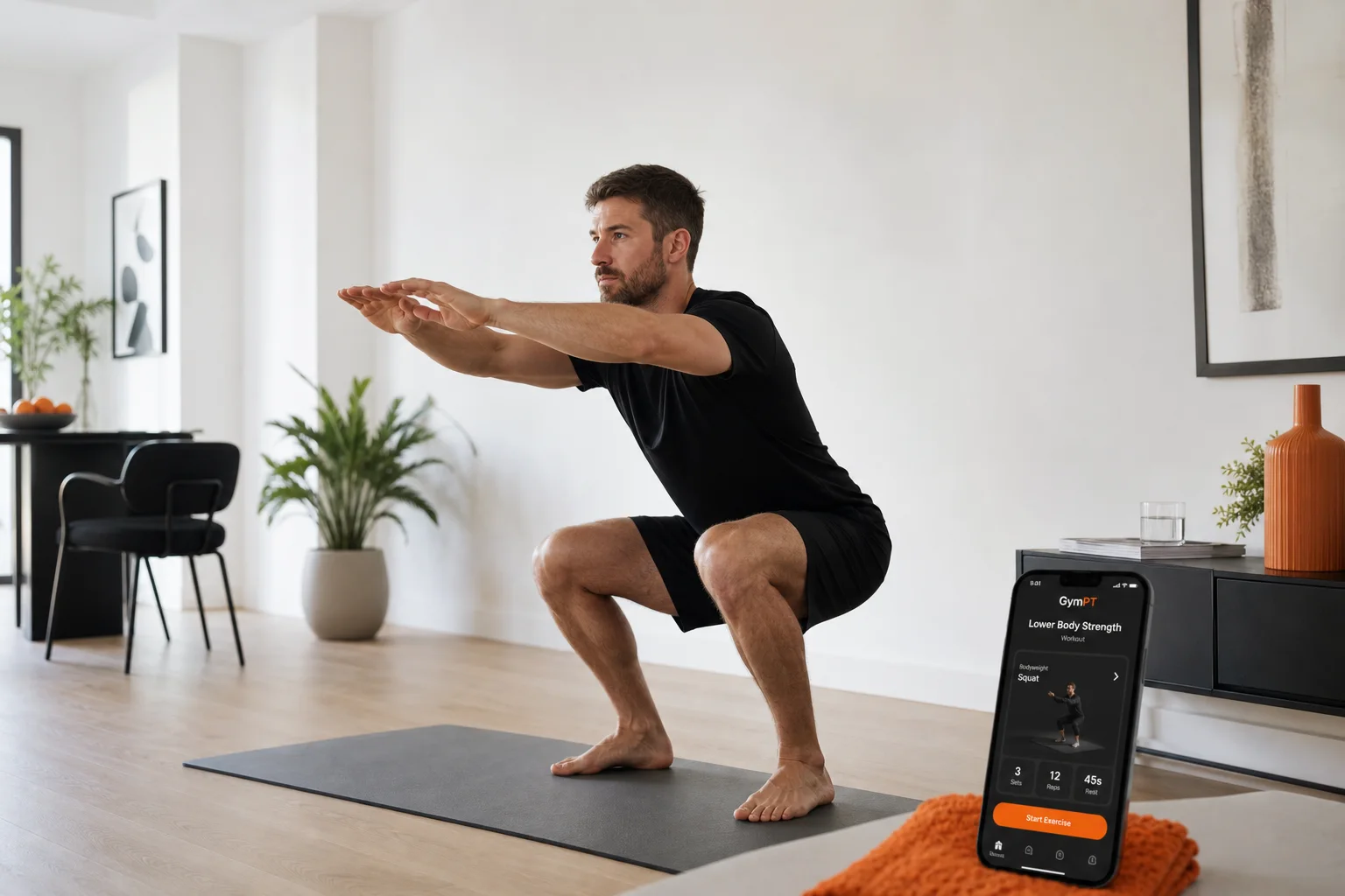 Person bei einer kontrollierten Kniebeuge mit GymPT-Workout auf dem Smartphone zu Hause