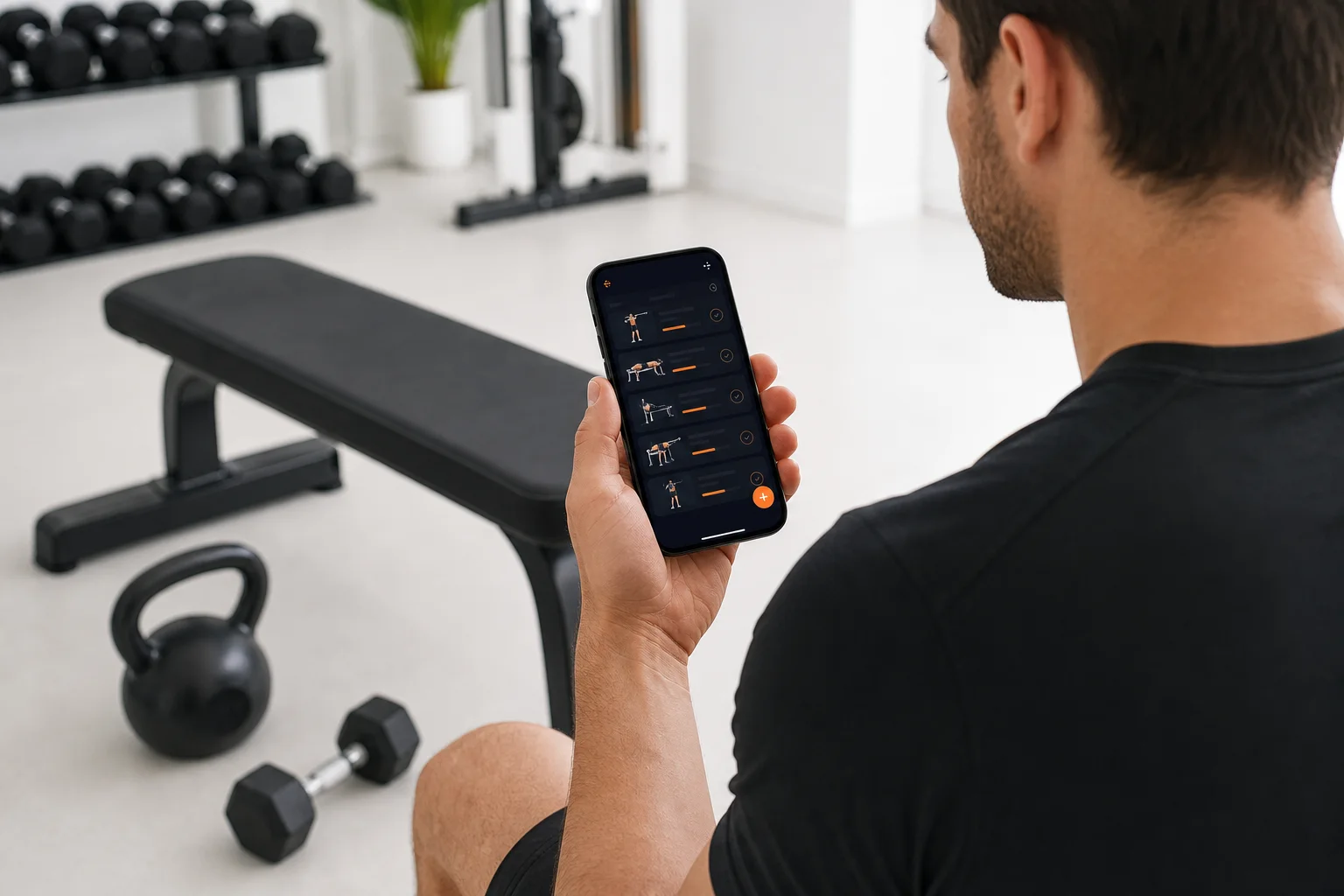 Person nutzt GymPT als Virtual Personal Trainer für die Workout-Planung zu Hause.