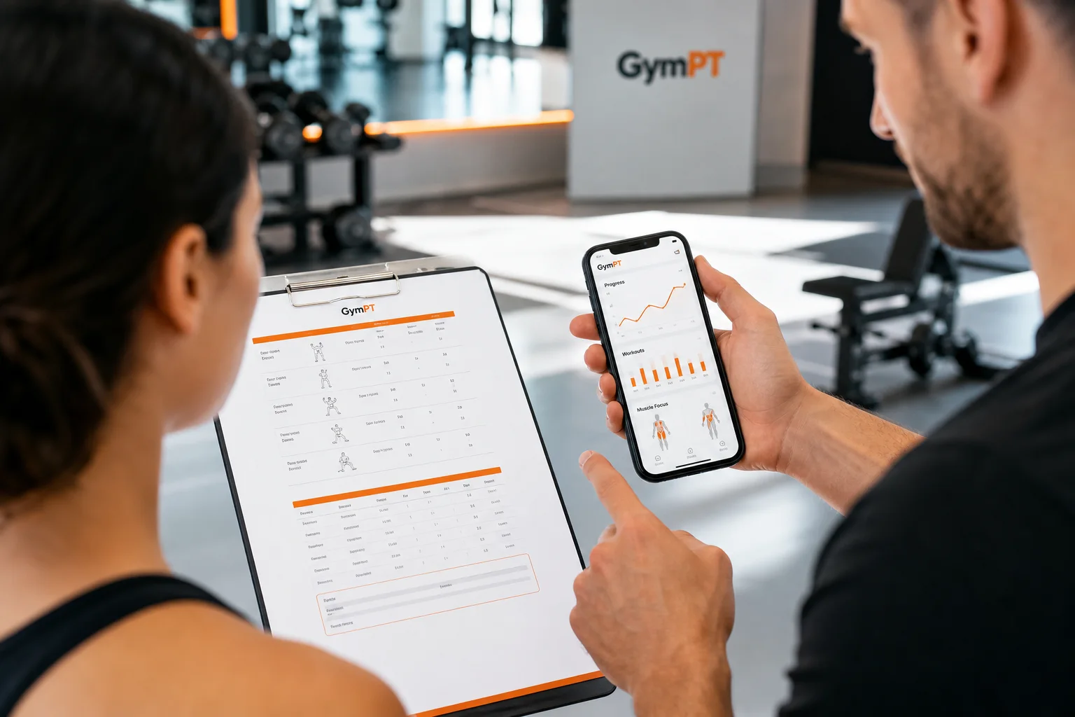 Personal Trainer prüft wöchentliche Trainingsaufzeichnungen in einer Fitness-App