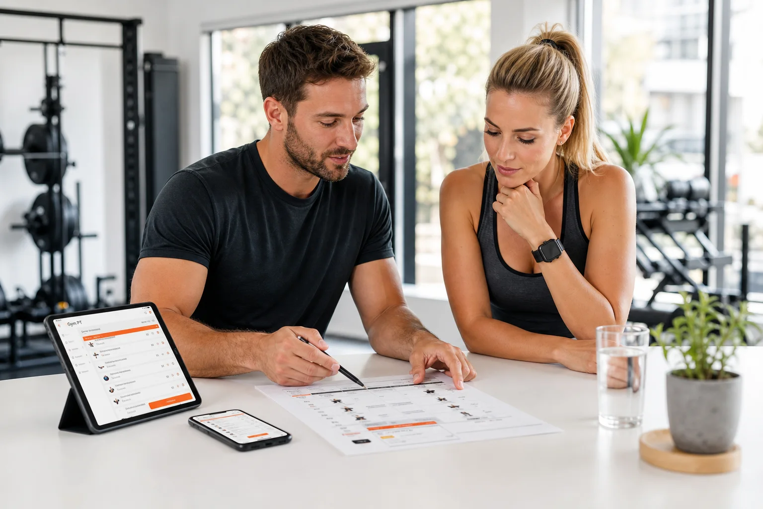 Personal Trainer und Client prüfen gemeinsam einen Workout-Programm-Vorschlag in einer hellen GymPT-Umgebung.