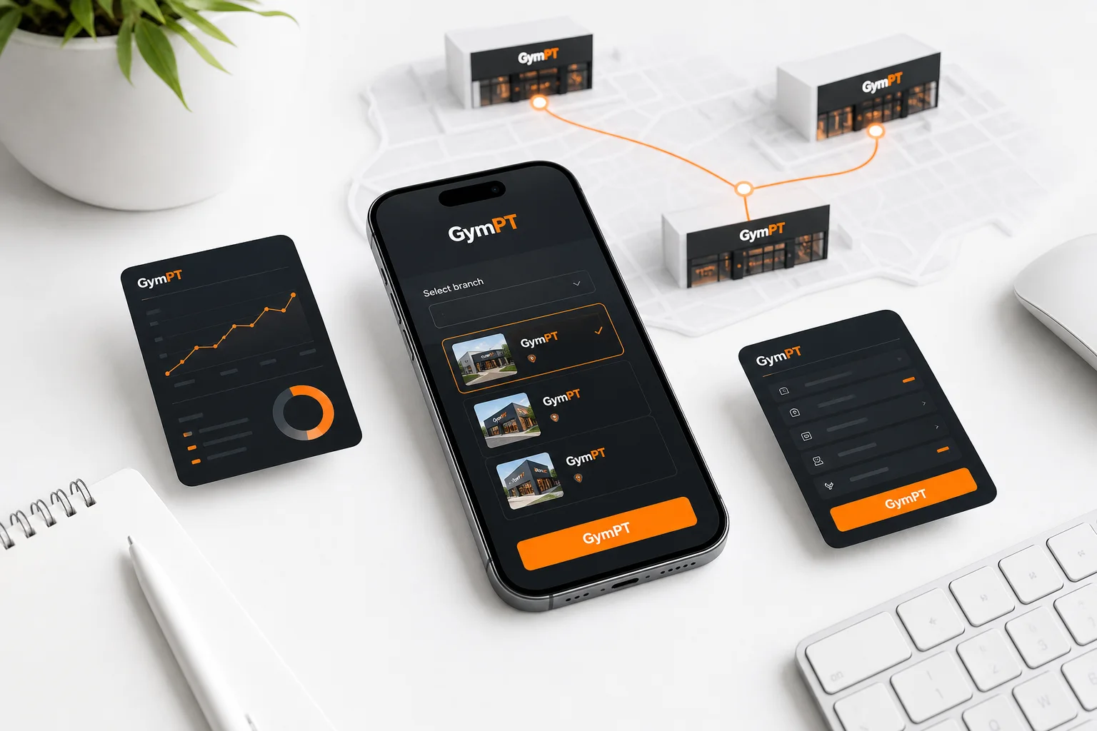 GymPT-App mit übersichtlichem Filialkontext und Rollenverwaltung für ein Fitnessstudio