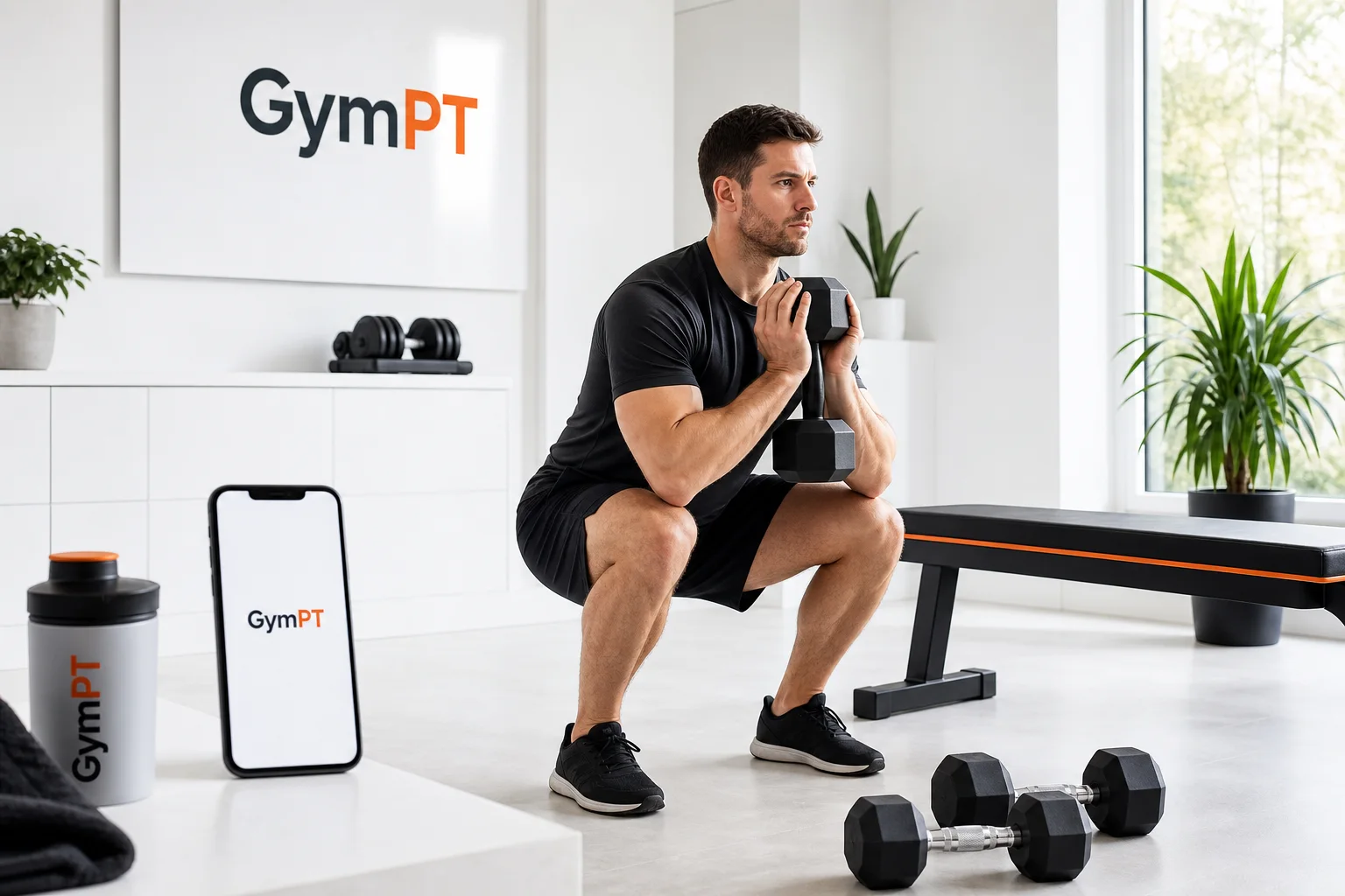 Kurzhanteln neben einer minimalistischen GymPT-Trainingsansicht für einen sechstägigen Trainingsplan