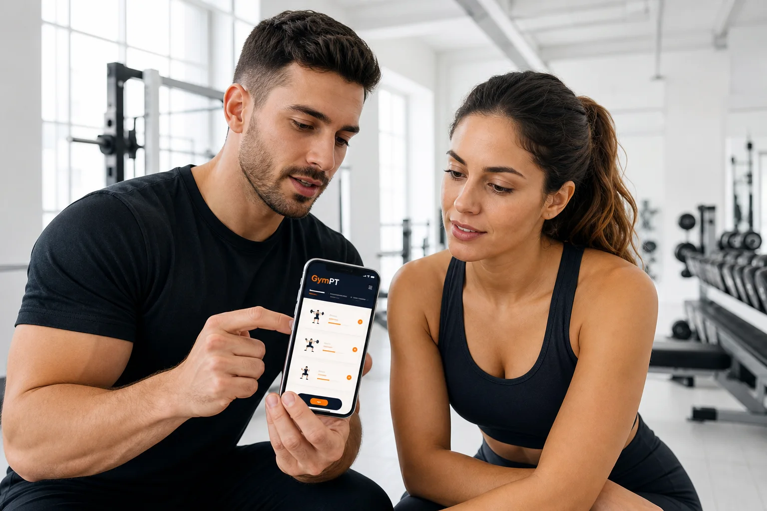 Personal Trainer bespricht einen manuellen und KI-unterstützten Trainingsplan in der GymPT App