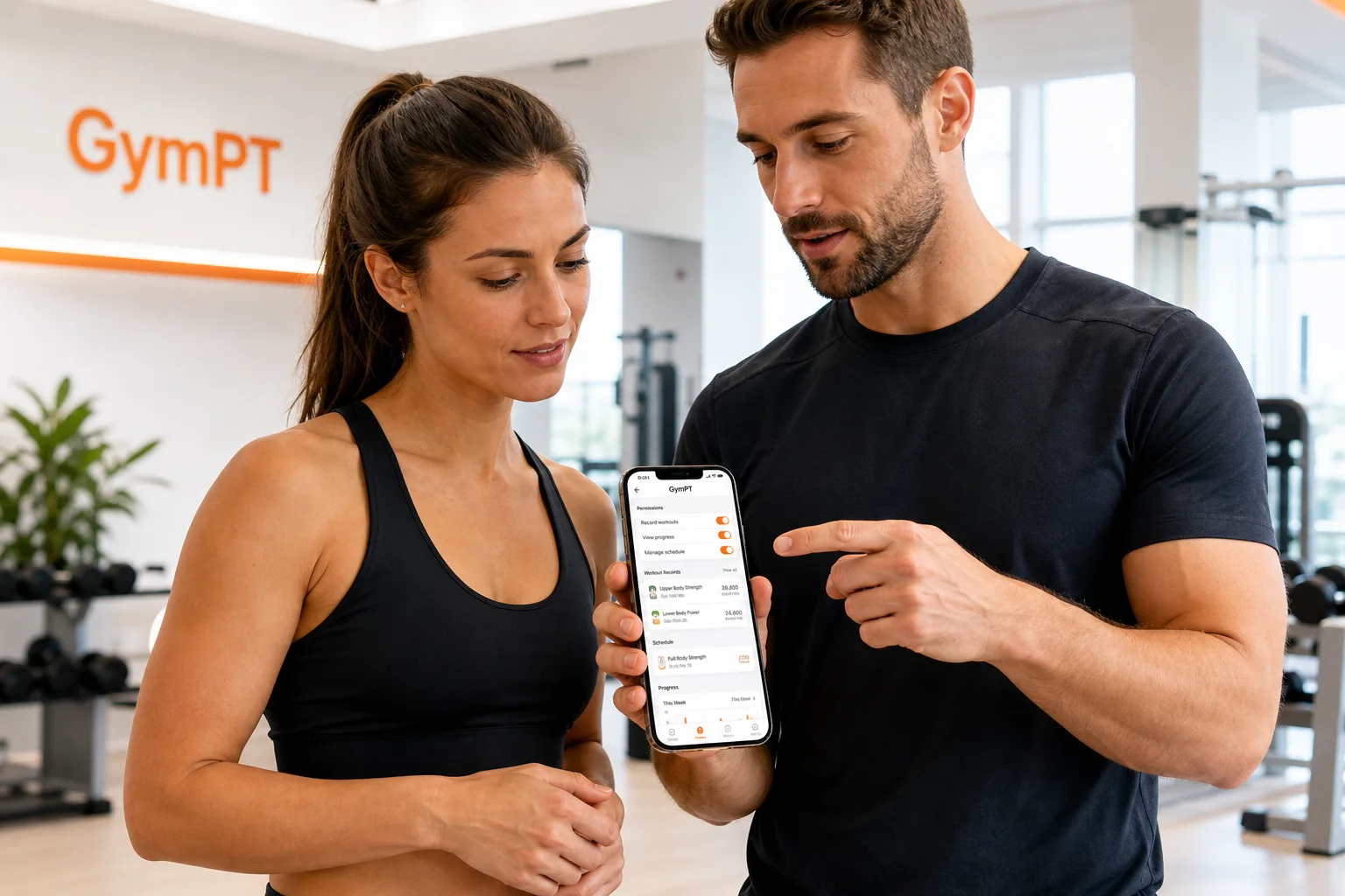 Entrenador personal y cliente revisando permisos de datos de entrenamiento en GymPT